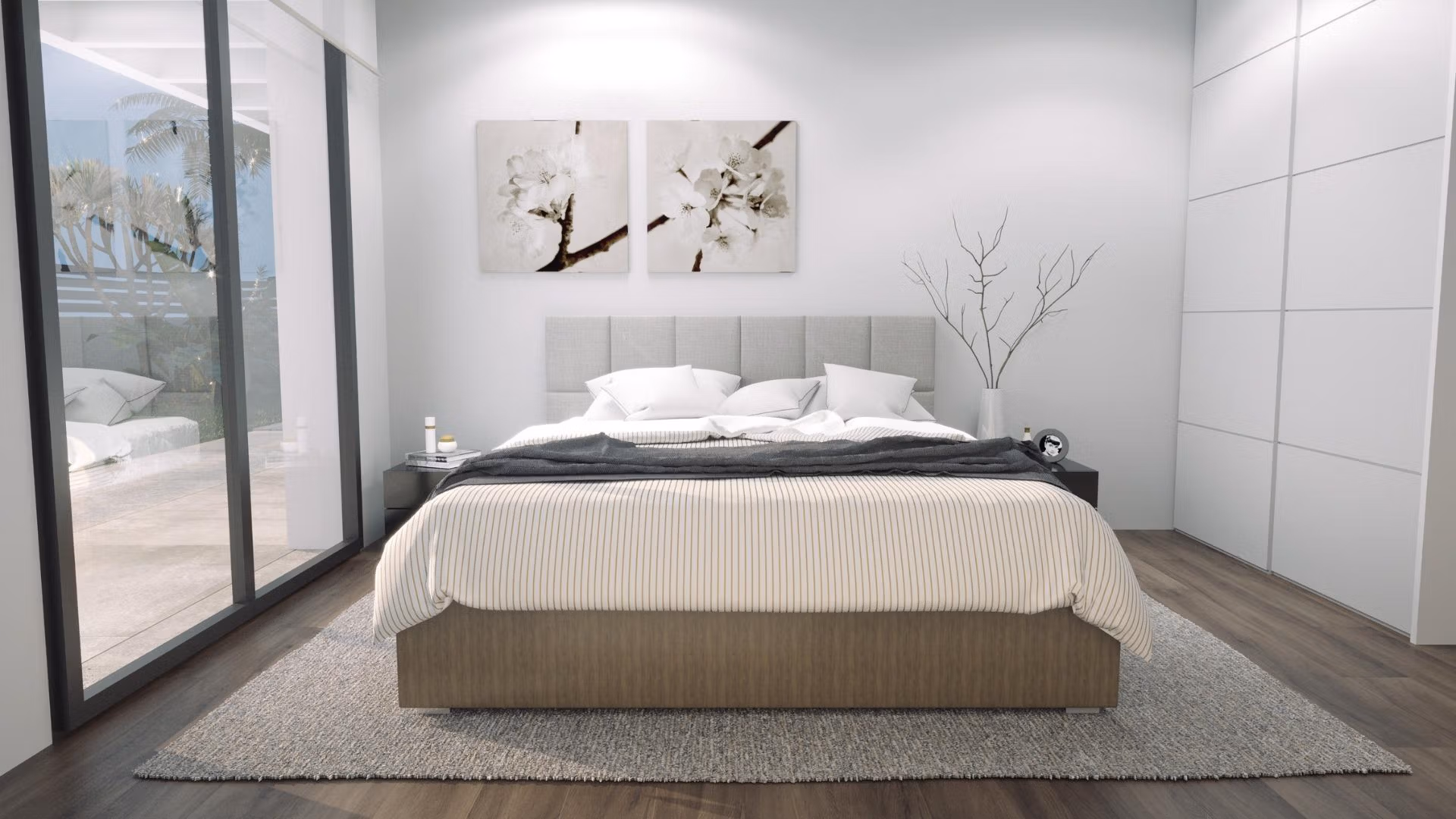 Bright, modern bedroom in a new build 3-bedroom villa in Finestrat with sleek design and views of the private pool and terrace