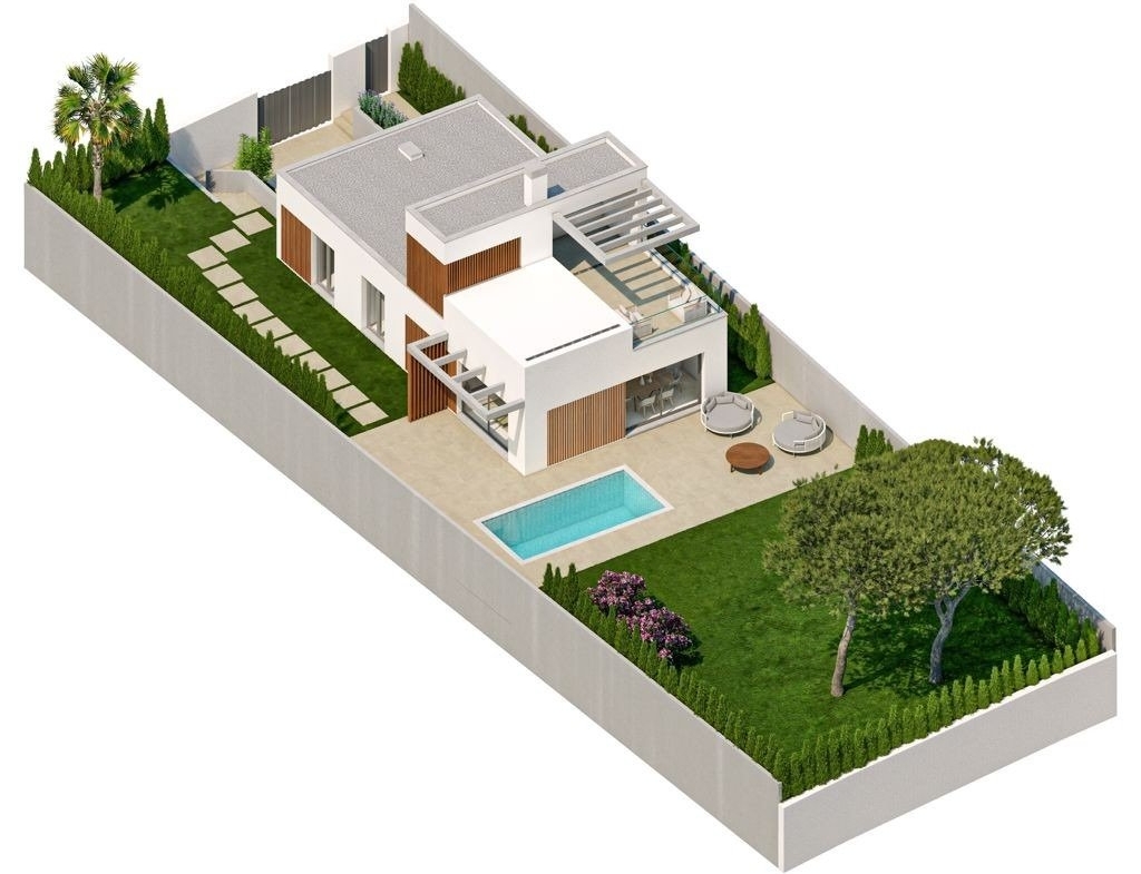 Modern 3-bedroom villa in Sierra Cortina with private pool, sun-drenched terrace, and lush landscaped garden.