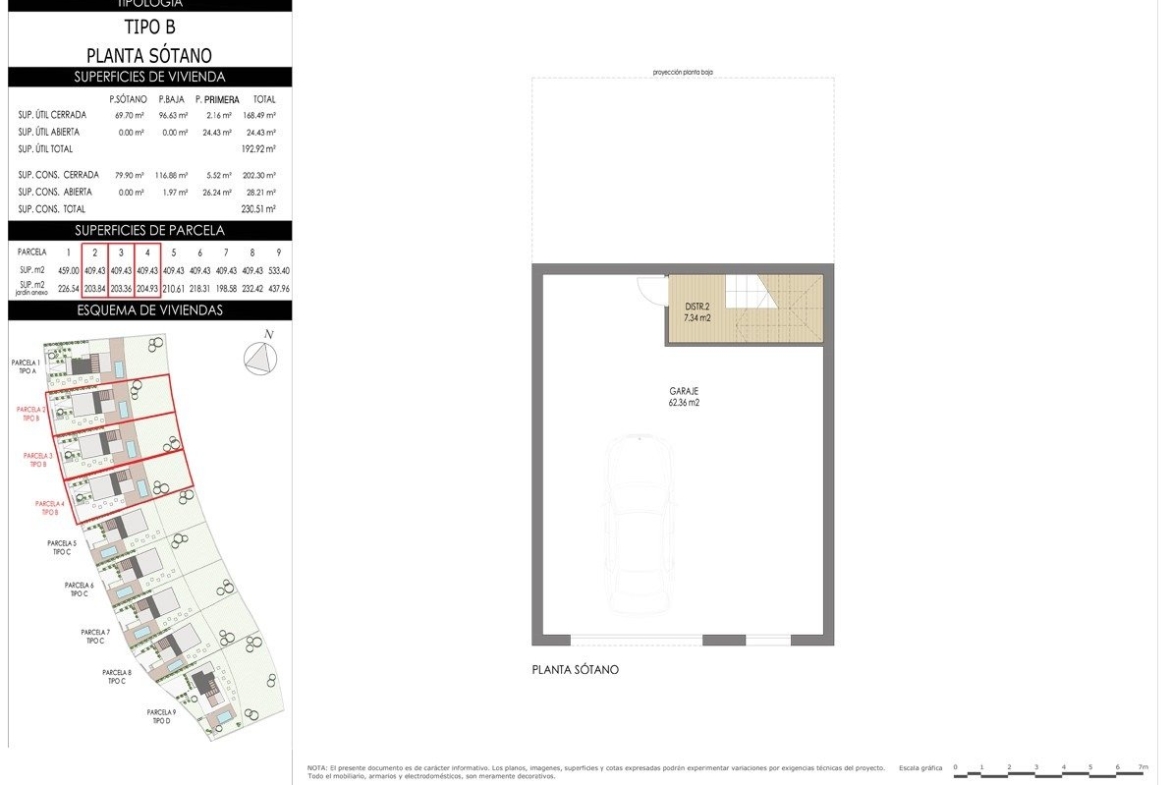 Modern, detailed floor plan of the spacious basement with garage for the new 3-bedroom villa in Sierra Cortina, Finestrat.