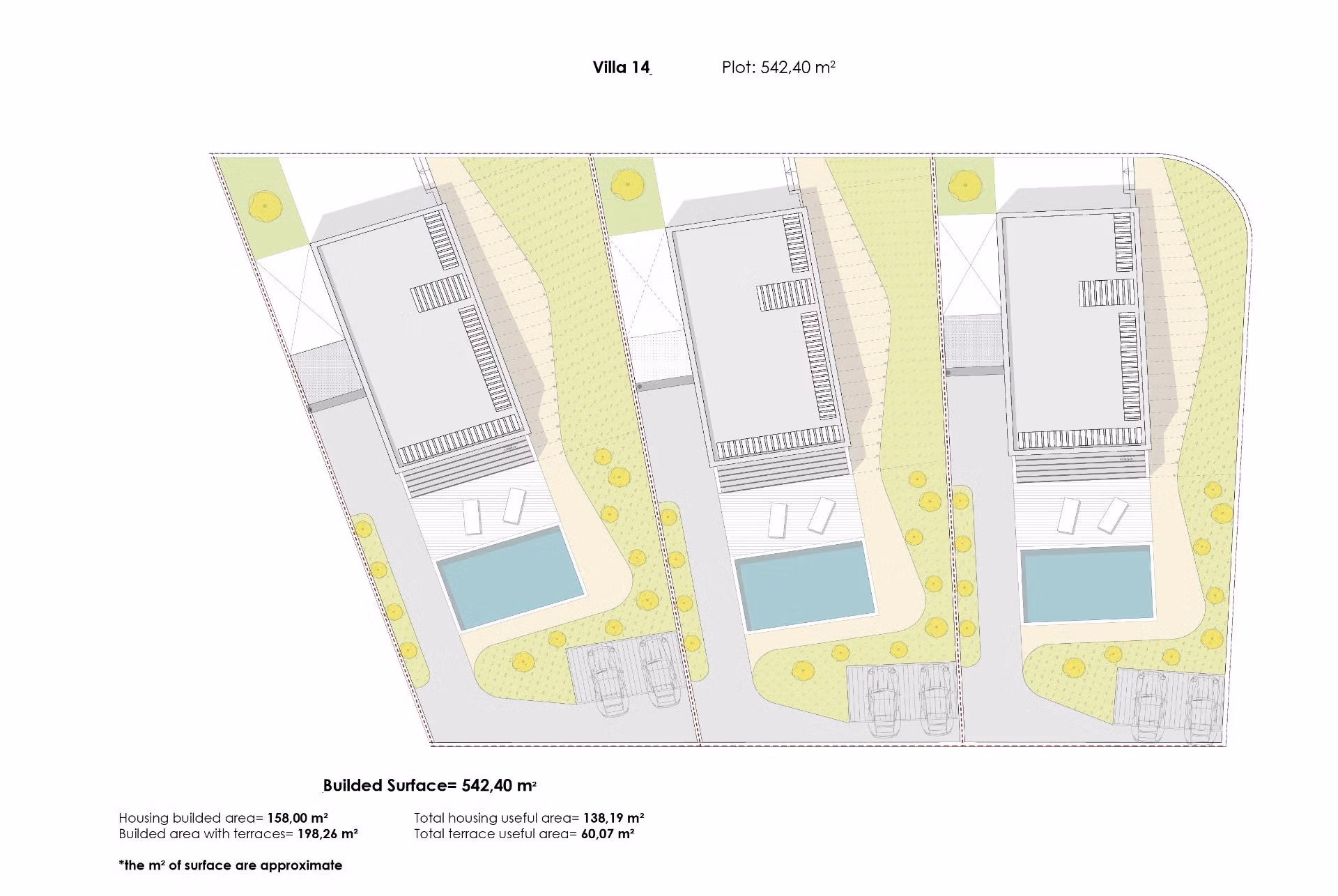 NEW-BUILD-VILLAS-IN-FINESTRAT-11 Modern floor plan of spacious Key Ready villa with private pool and landscaped grounds in Finestrat, Benidorm, highlighting outdoor layout and sea views.
