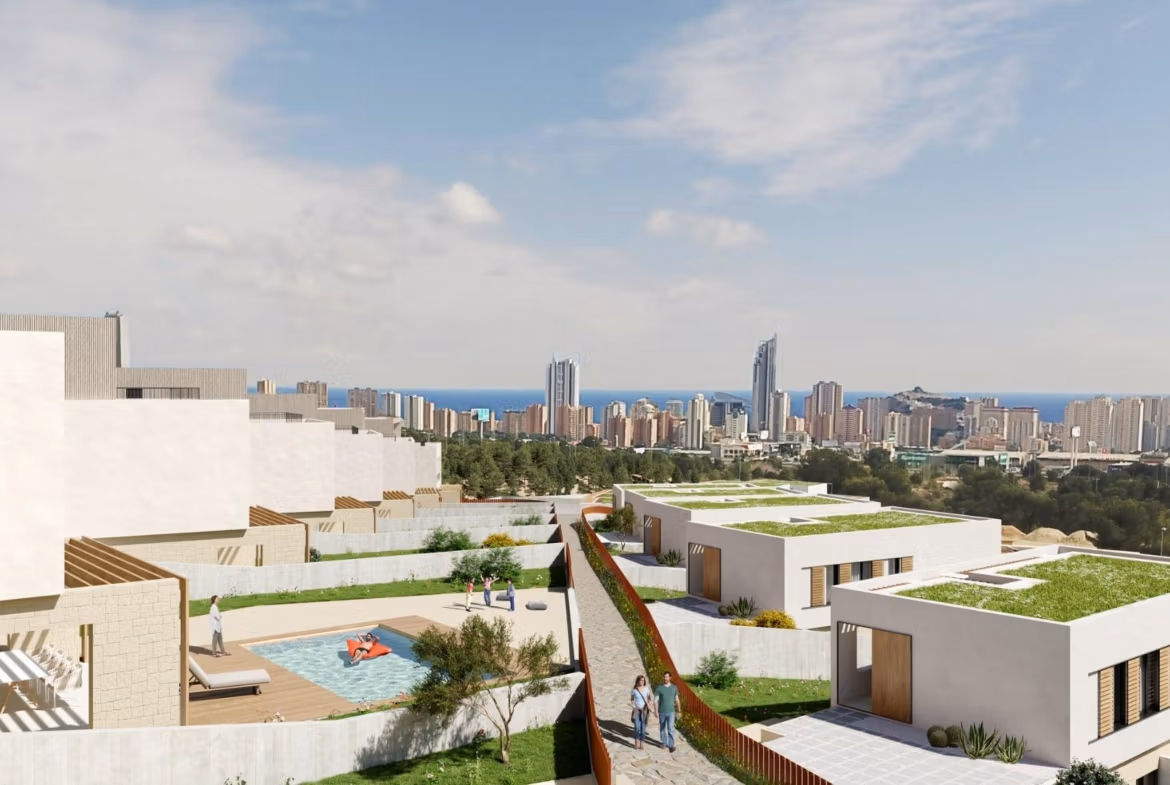 NEW BUILD VILLAS IN FINESTRAT Modern Key Ready villas with private pools and lush green roofs overlooking the panoramic sea view in Finestrat, Benidorm