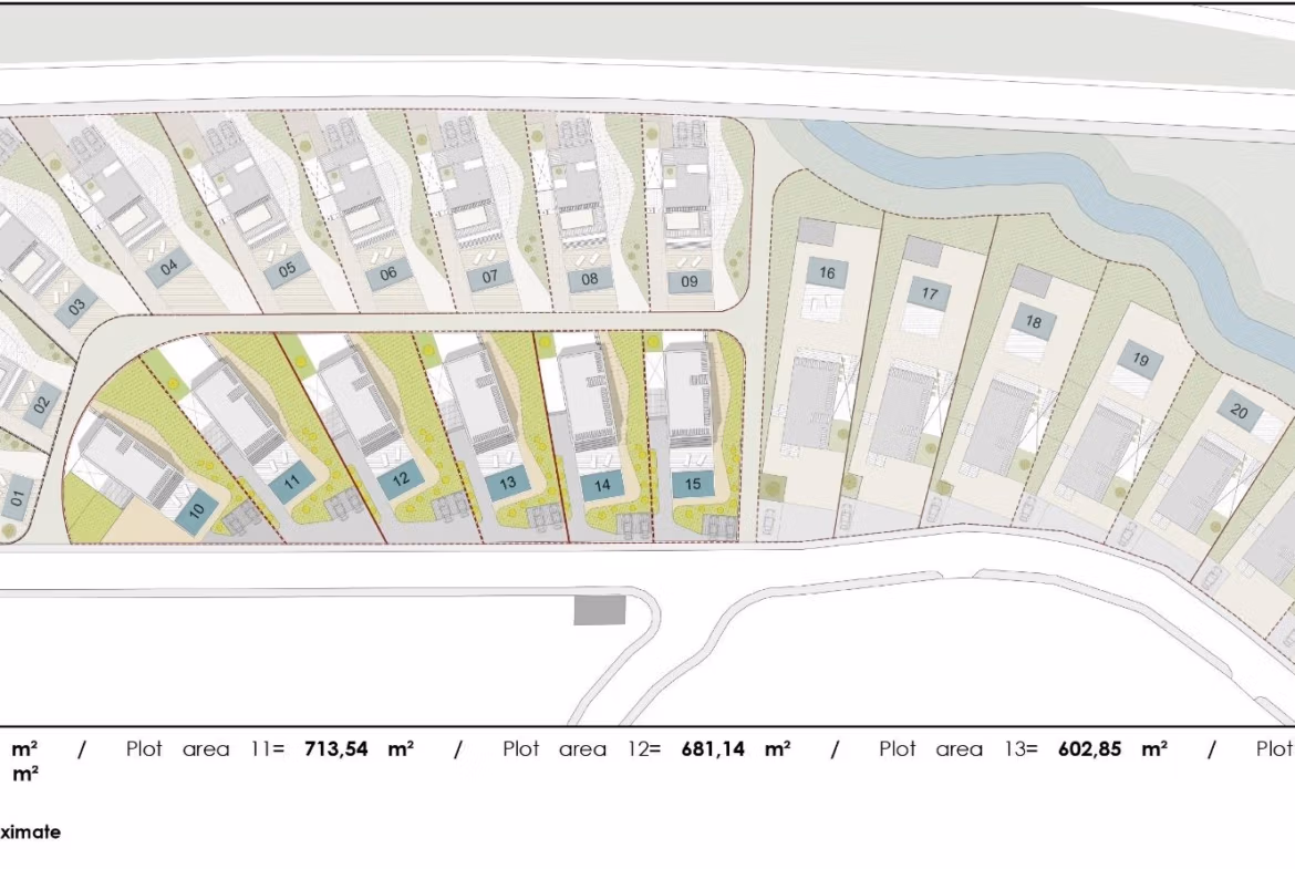 NEW-BUILD-VILLAS-IN-FINESTRAT-12 Contemporary villa site plan in Finestrat, Benidorm, showing spacious plots with private pools and panoramic sea views.