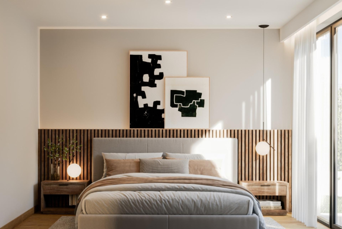 Bright and spacious master bedroom with modern decor and natural light in exclusive 3-bedroom villa, Sierra Cortina, Finestrat