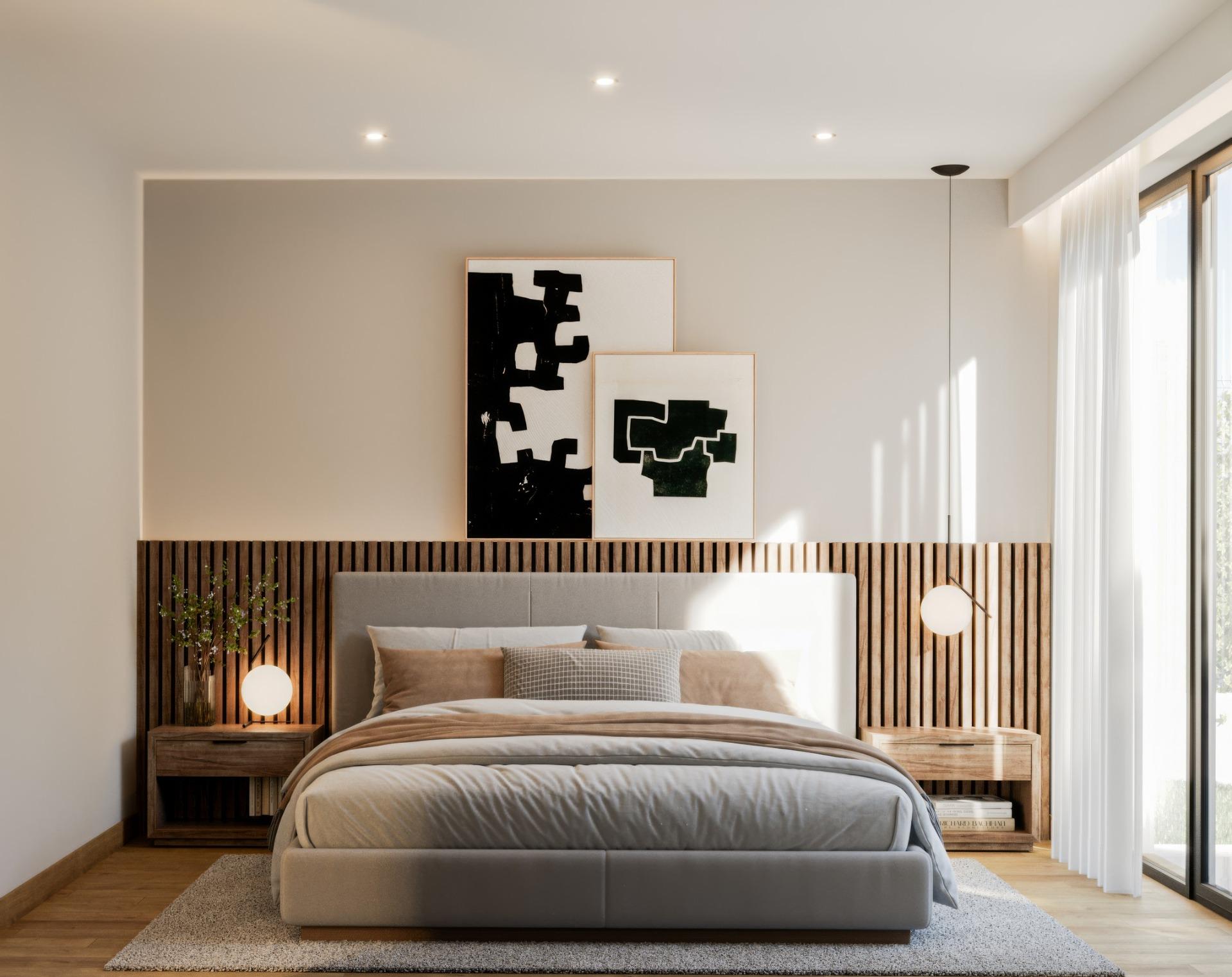 Bright and spacious master bedroom with modern decor and natural light in exclusive 3-bedroom villa, Sierra Cortina, Finestrat