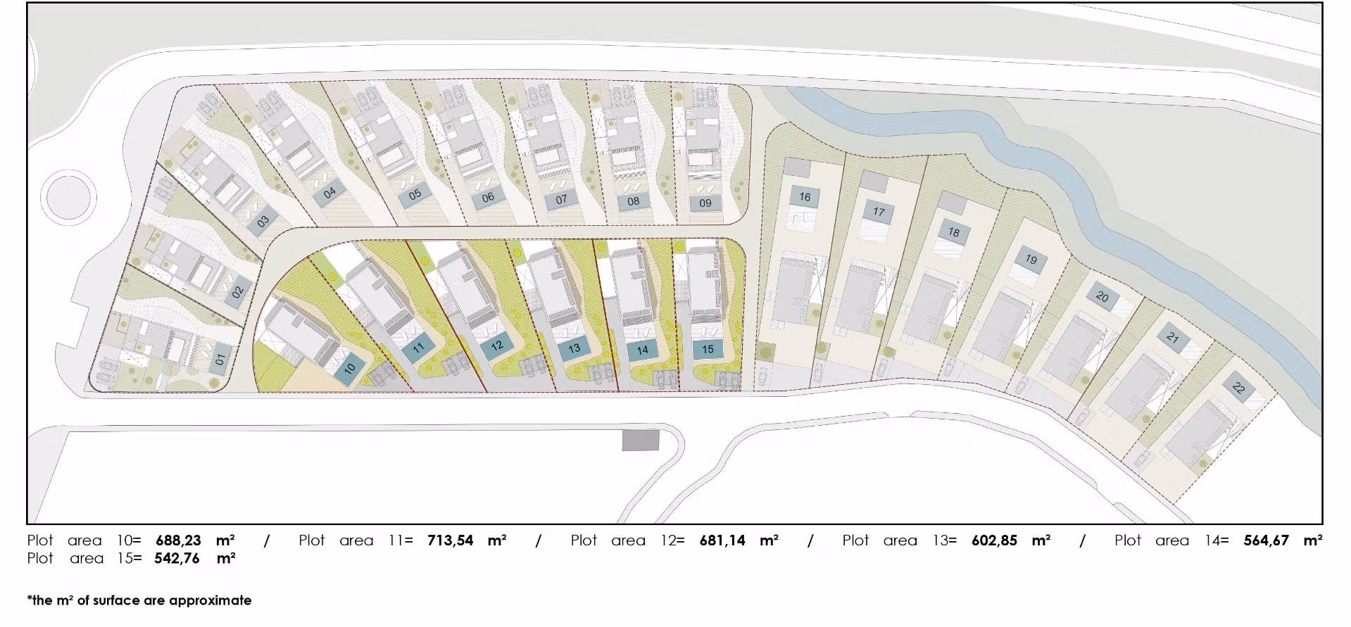 NEW-BUILD-VILLAS-IN-FINESTRAT-12 Contemporary villa site plan in Finestrat, Benidorm, showing spacious plots with private pools and panoramic sea views.
