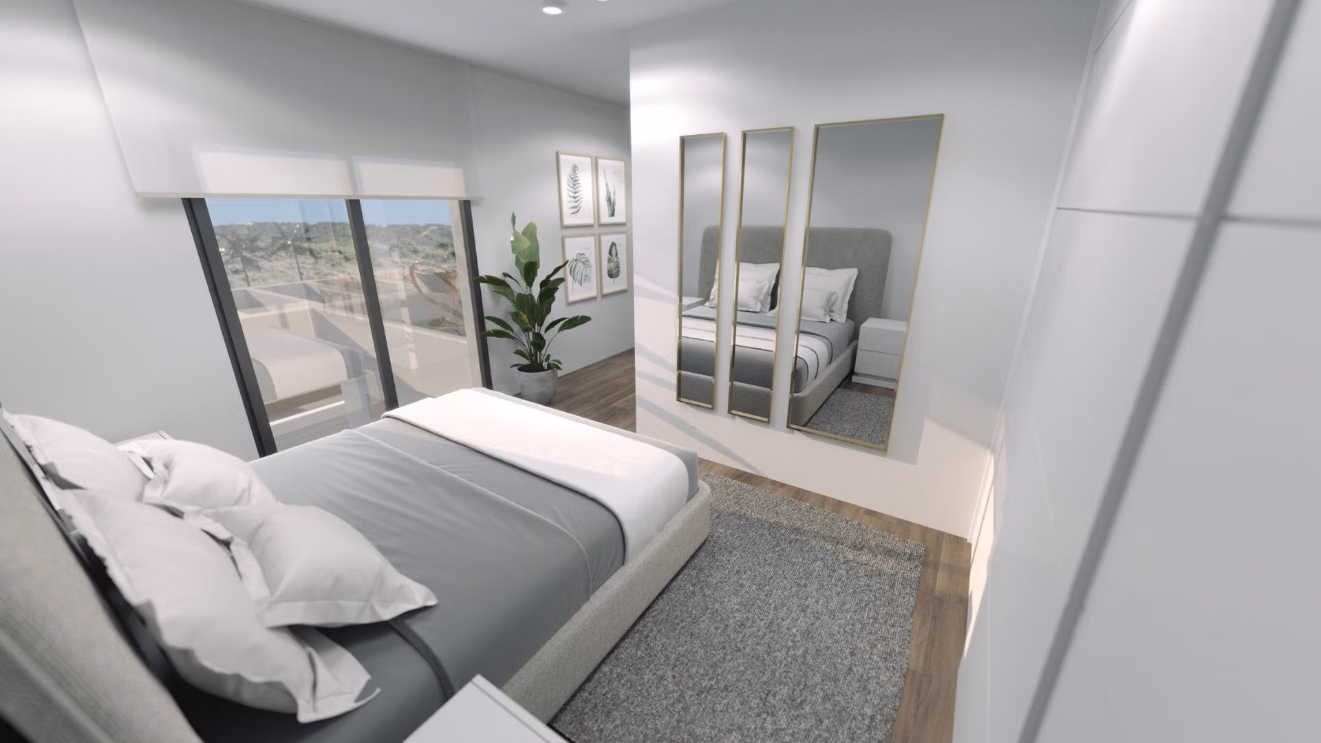 Bright and modern 3-bedroom villa bedroom in Finestrat featuring sleek design and views towards the sea.
