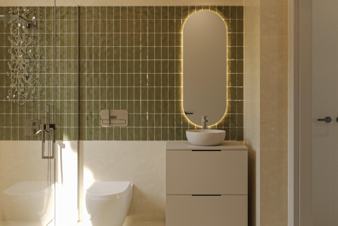 Bright modern bathroom with sleek fixtures and illuminated mirror in exclusive 3-bedroom villa, Sierra Cortina, Finestrat.
