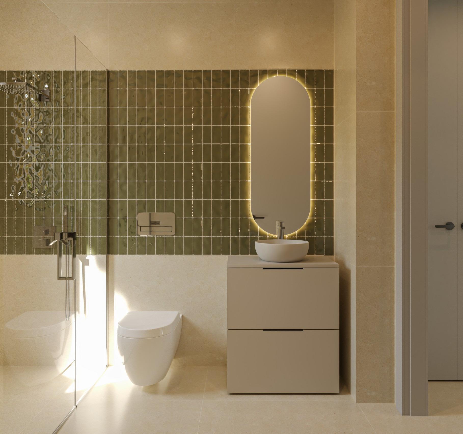 Bright modern bathroom with sleek fixtures and illuminated mirror in exclusive 3-bedroom villa, Sierra Cortina, Finestrat.