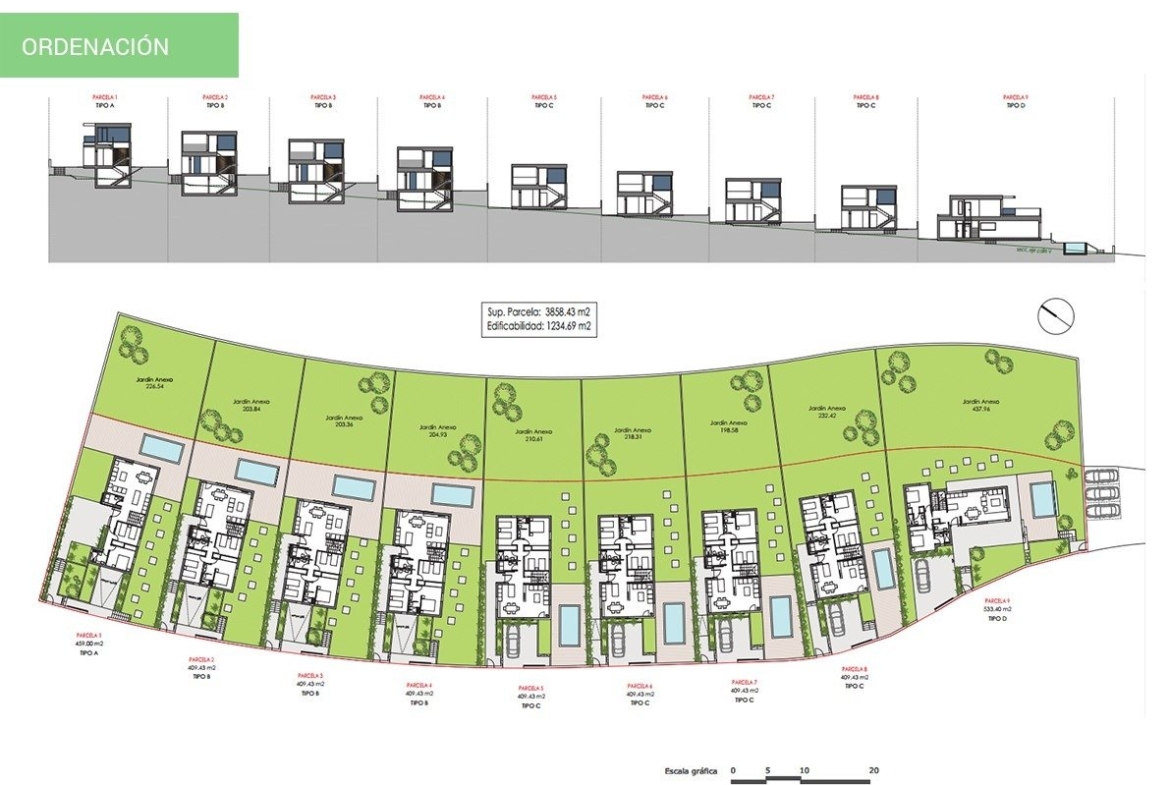 Detailed floor plan and elevation of modern 3-bedroom villas with private pools and landscaped gardens in Sierra Cortina, Finestrat.
