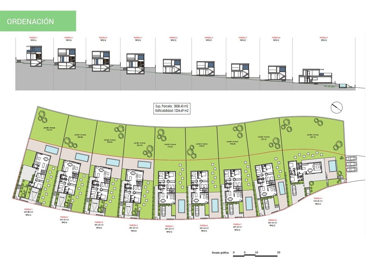 Detailed floor plan and elevation of modern 3-bedroom villas with private pools and landscaped gardens in Sierra Cortina, Finestrat.