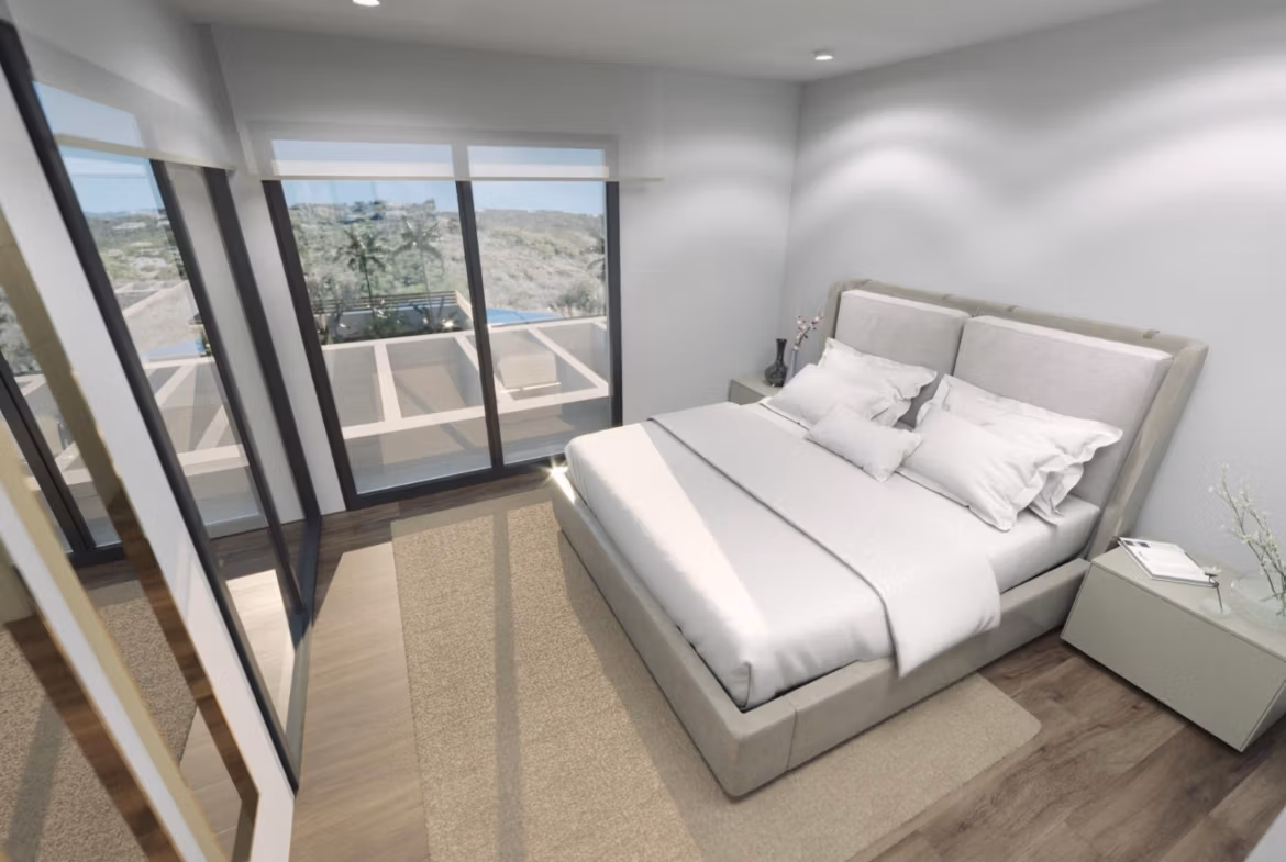 Bright modern 3-bedroom villa bedroom in Finestrat with minimalist decor and panoramic sea views through large windows