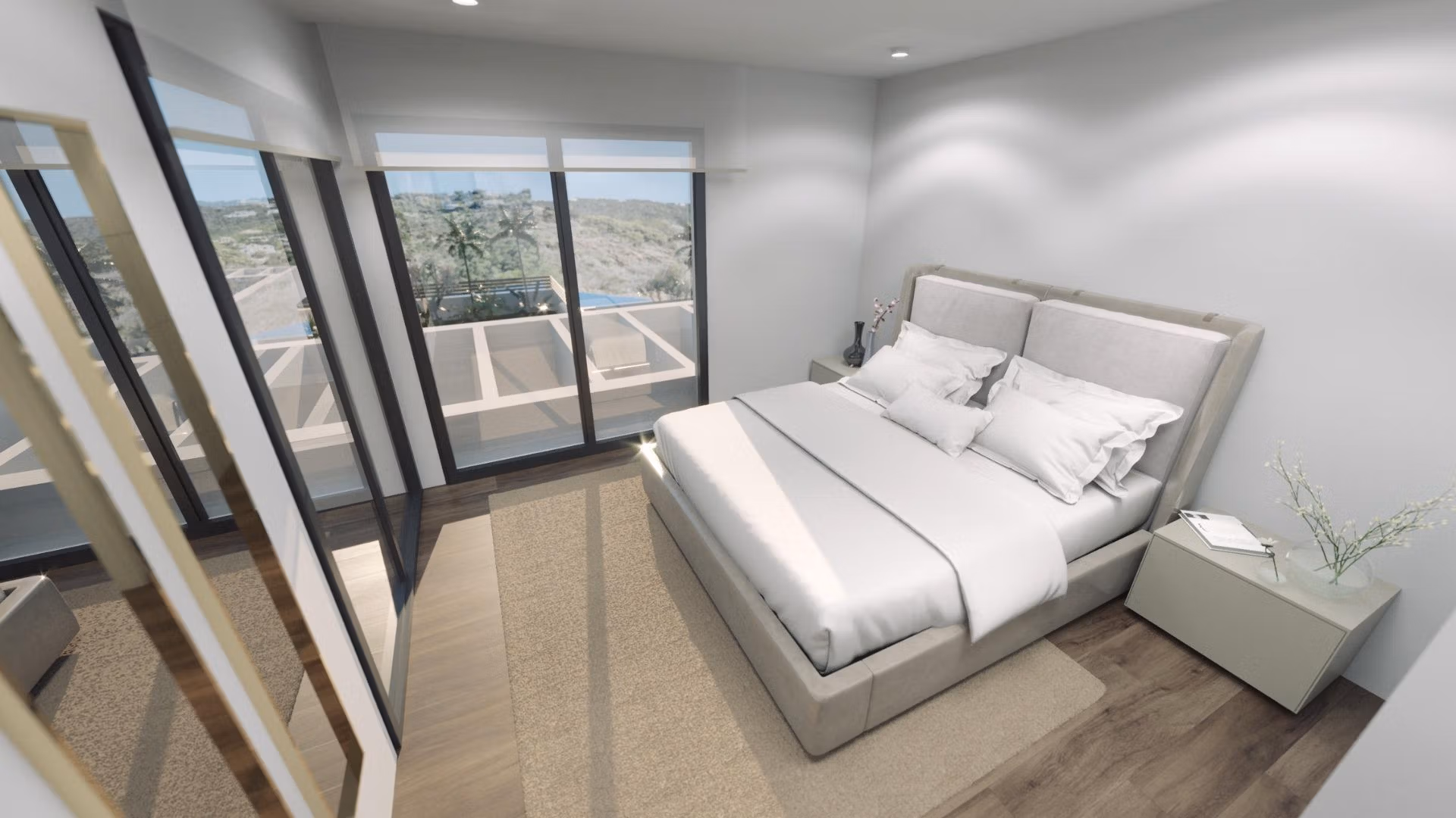 Bright modern 3-bedroom villa bedroom in Finestrat with minimalist decor and panoramic sea views through large windows