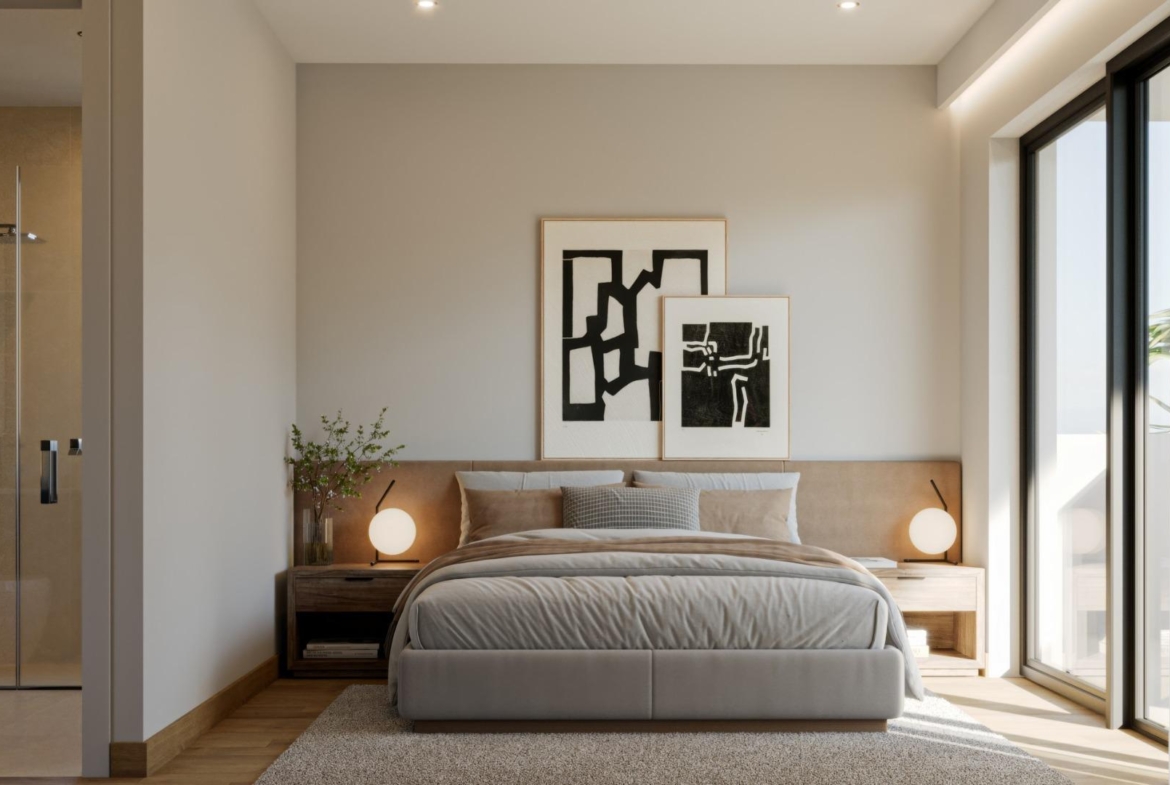Bright, elegant bedroom with natural light and modern decor in exclusive 3-bedroom villa, Sierra Cortina, Finestrat.