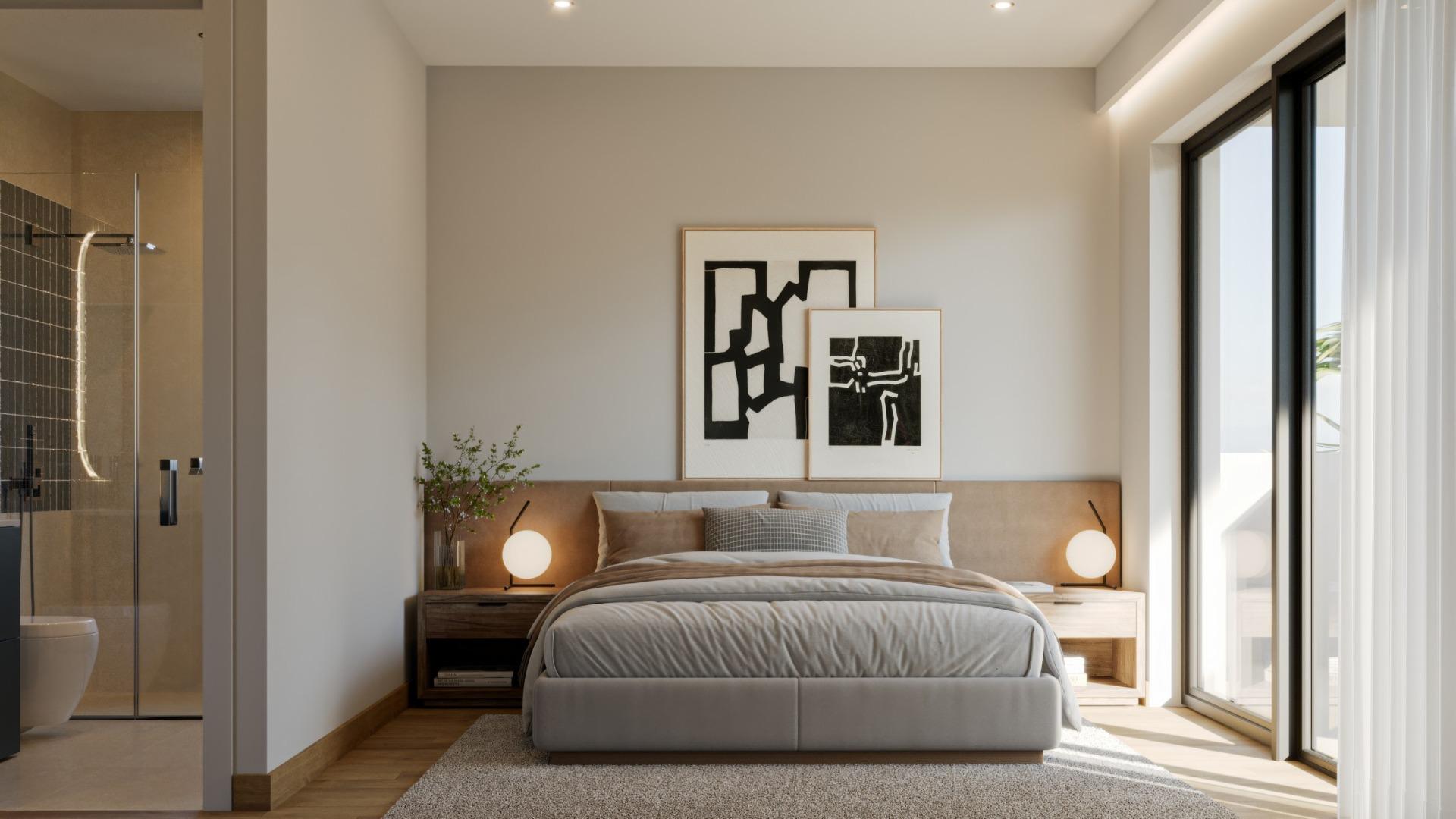 Bright, elegant bedroom with natural light and modern decor in exclusive 3-bedroom villa, Sierra Cortina, Finestrat.