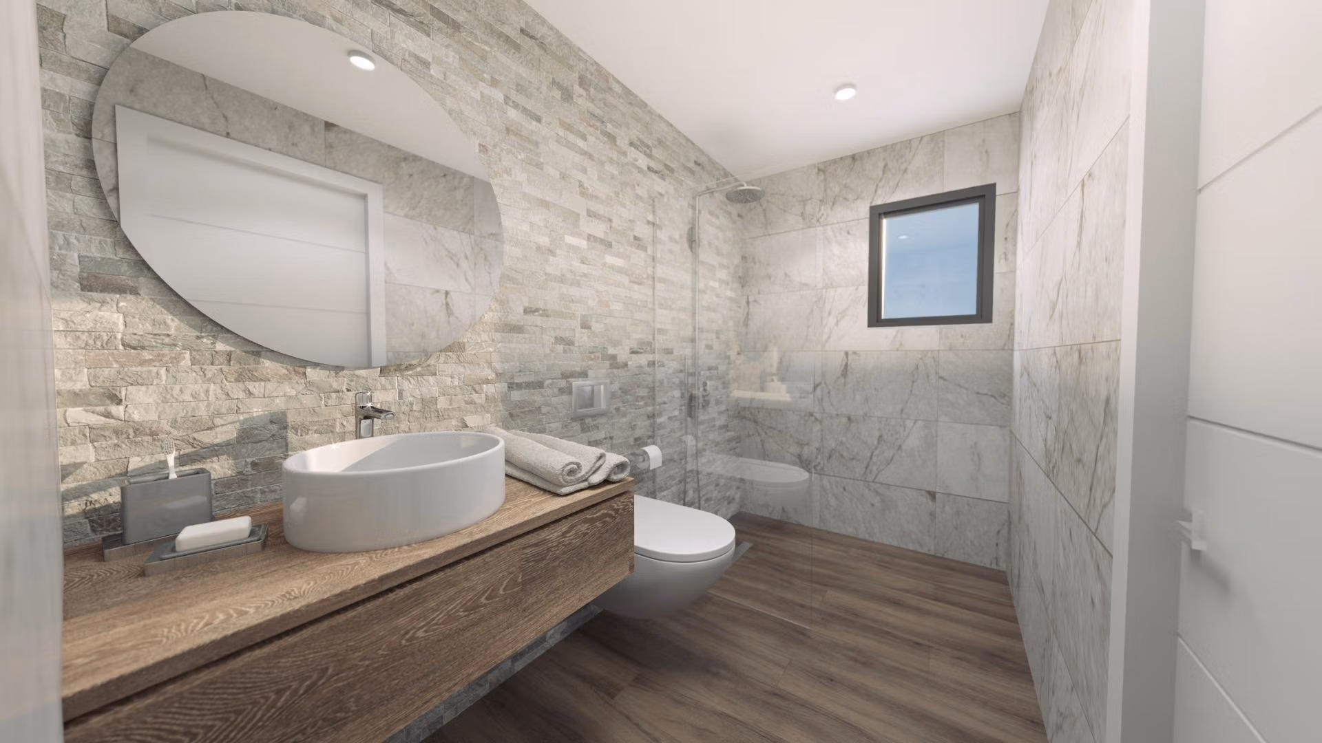 Modern, elegant bathroom with stone tile walls and wood-effect flooring in a new build 3-bedroom villa in Finestrat.