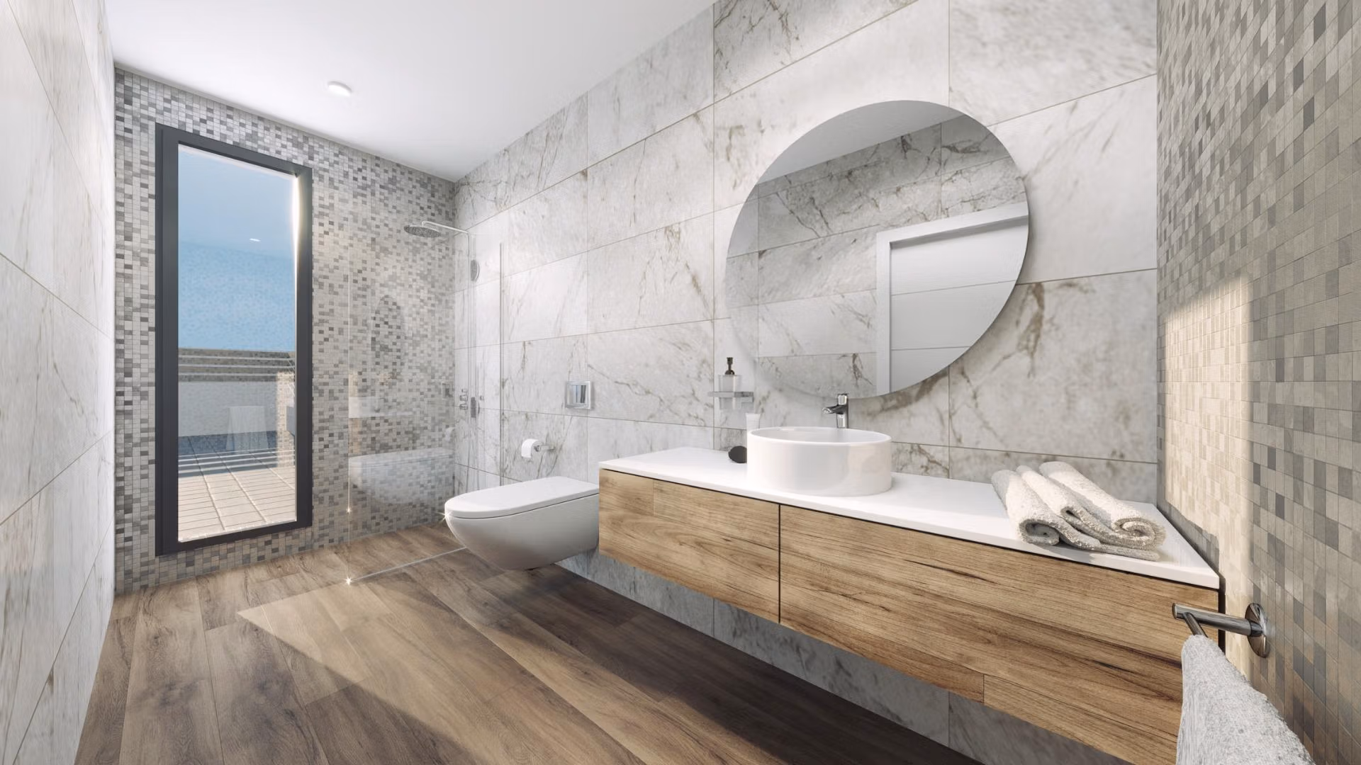 Bright modern bathroom with elegant marble walls and wooden vanity in new build 3 bedroom villa in Finestrat