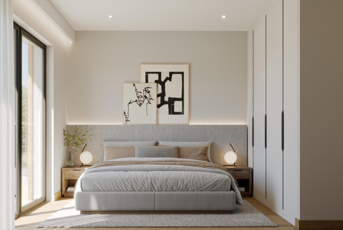 Sun-drenched modern bedroom in exclusive 3-bedroom villa with serene decor and natural light in Sierra Cortina, Finestrat