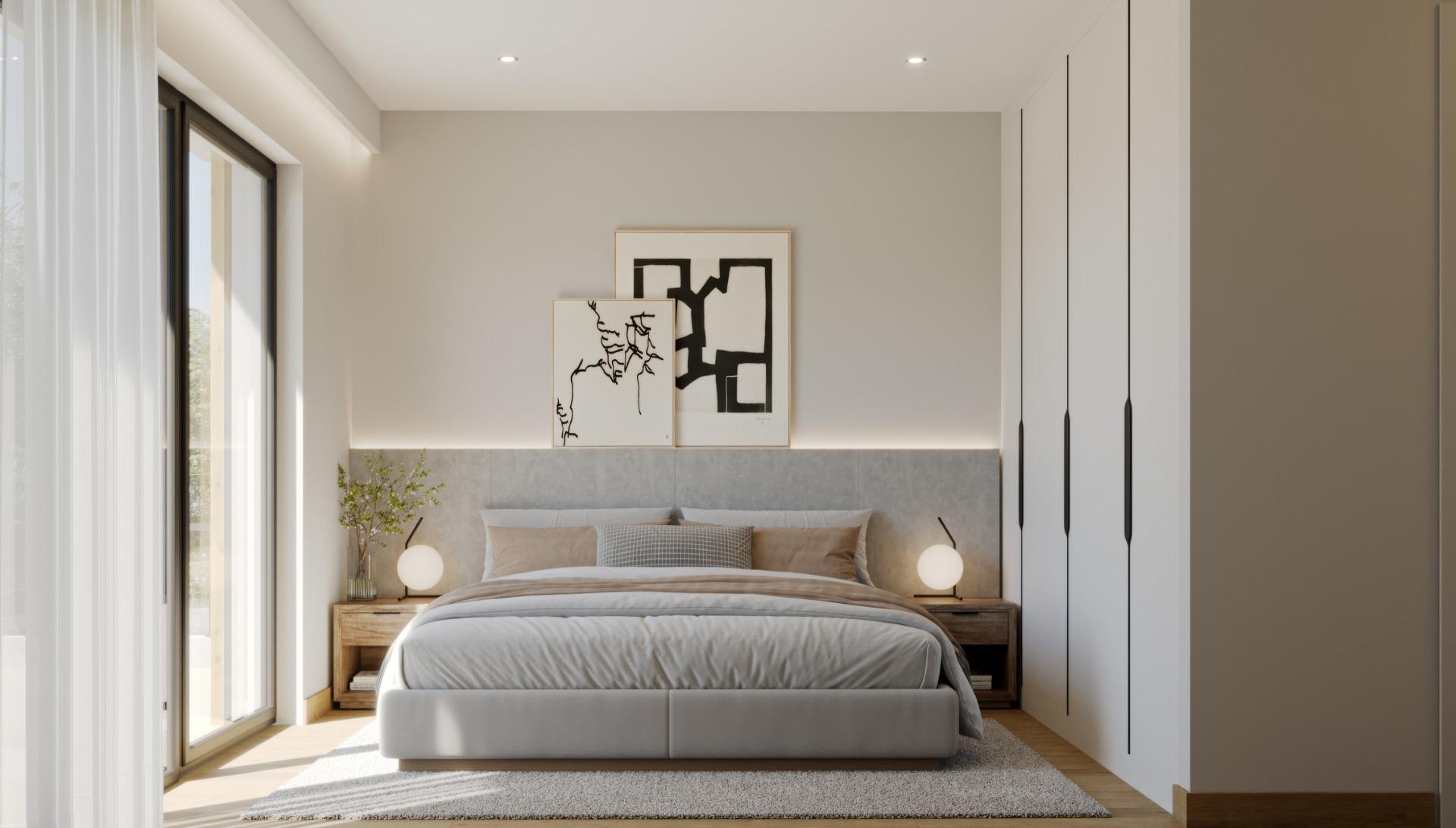 Sun-drenched modern bedroom in exclusive 3-bedroom villa with serene decor and natural light in Sierra Cortina, Finestrat