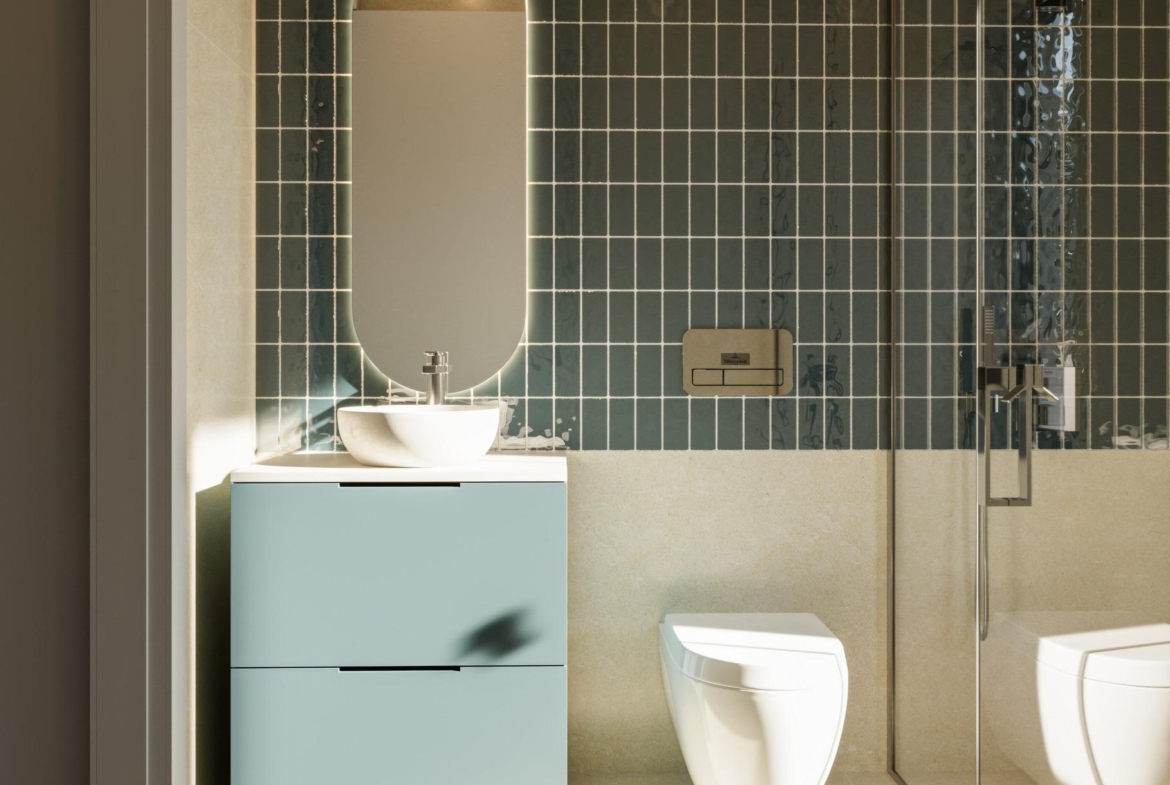Modern bathroom with sleek fixtures, textured tile wall, and elegant lighting in a luxury 3 bedroom villa in Sierra Cortina, Finestrat