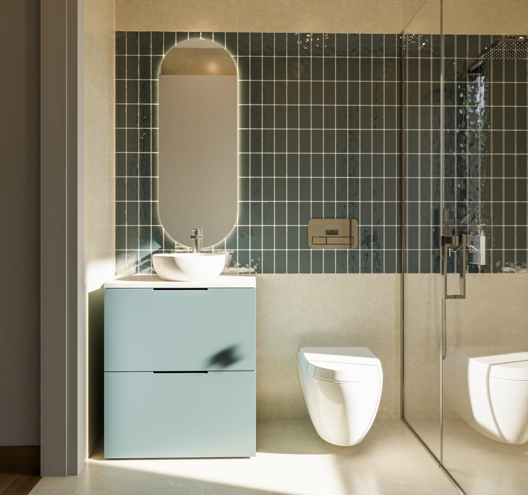 Modern bathroom with sleek fixtures, textured tile wall, and elegant lighting in a luxury 3 bedroom villa in Sierra Cortina, Finestrat
