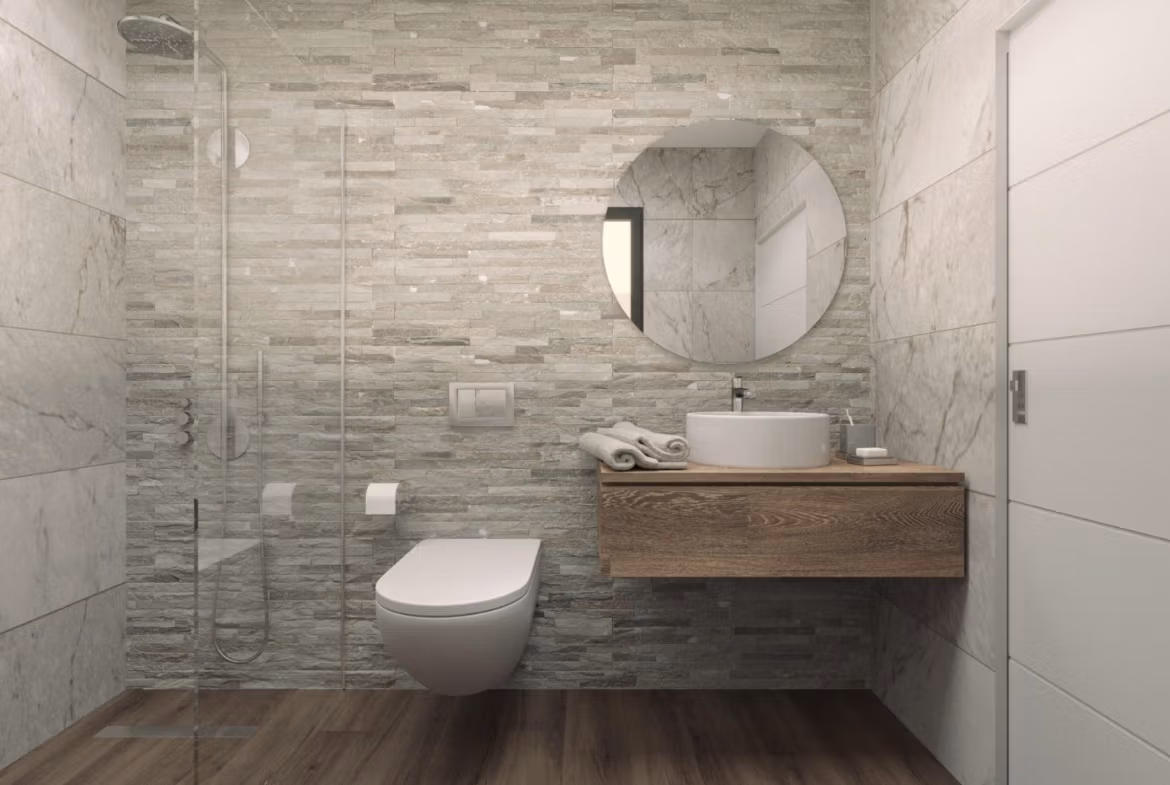 Modern bathroom with sleek floating vanity and glass shower in luxury 3-bedroom villa in Finestrat.