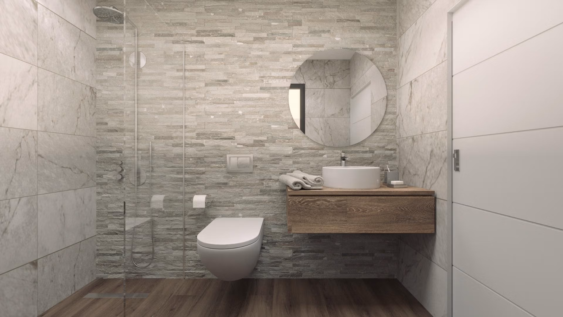 Modern bathroom with sleek floating vanity and glass shower in luxury 3-bedroom villa in Finestrat.