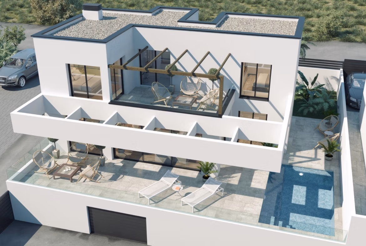 Modern 3-bedroom villa in Finestrat with spacious sun-drenched terrace, private pool, and lush greenery surroundings