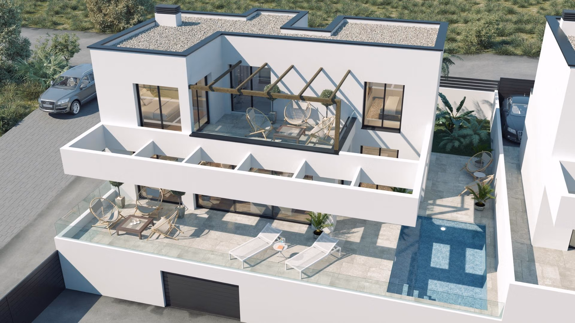Modern 3-bedroom villa in Finestrat with spacious sun-drenched terrace, private pool, and lush greenery surroundings
