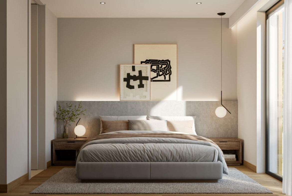 Bright modern bedroom with minimalist decor and floor-to-ceiling windows in exclusive Sierra Cortina villa, Finestrat.