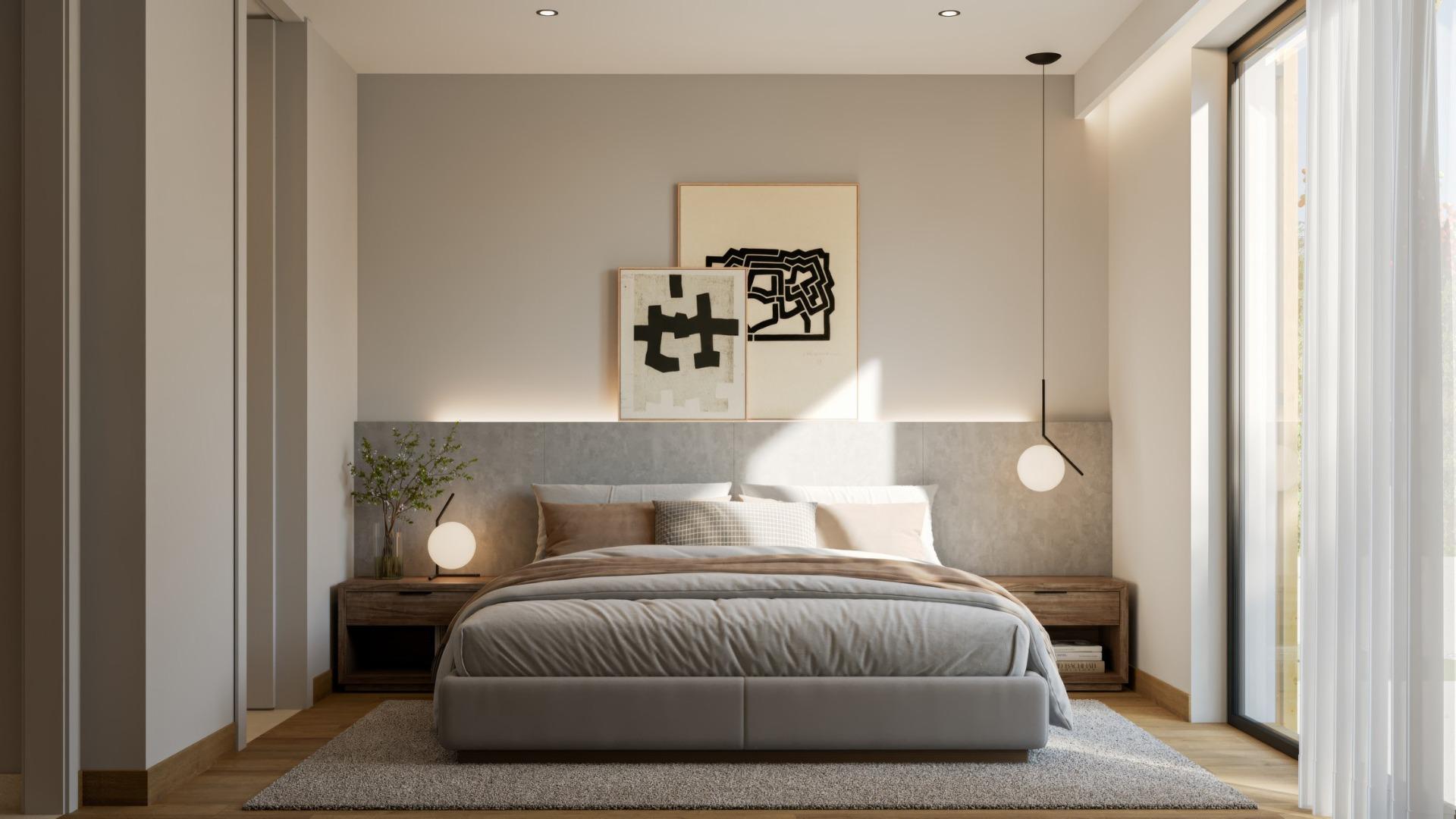 Bright modern bedroom with minimalist decor and floor-to-ceiling windows in exclusive Sierra Cortina villa, Finestrat.