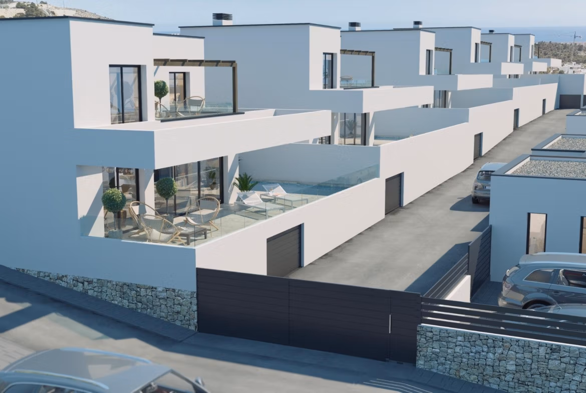 Modern new build 3-bedroom villa in Finestrat featuring private terraces, sleek architecture, and panoramic sea views.