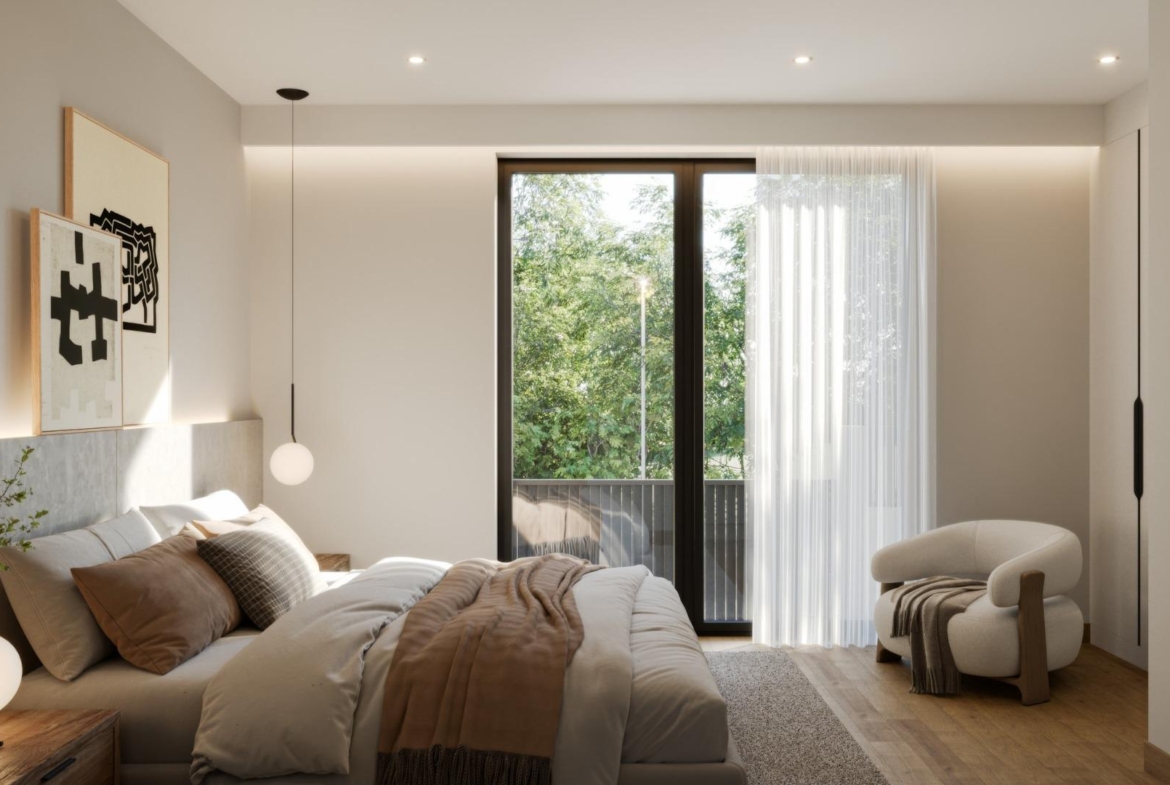 Bright, elegant bedroom with plush bedding and natural light in exclusive 3-bedroom villa, Sierra Cortina, Finestrat.