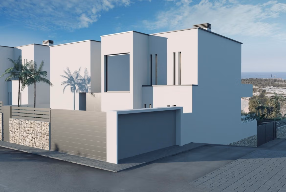 Modern new build 3-bedroom villa with private pool and panoramic sea views in sunlit Finestrat neighborhood.