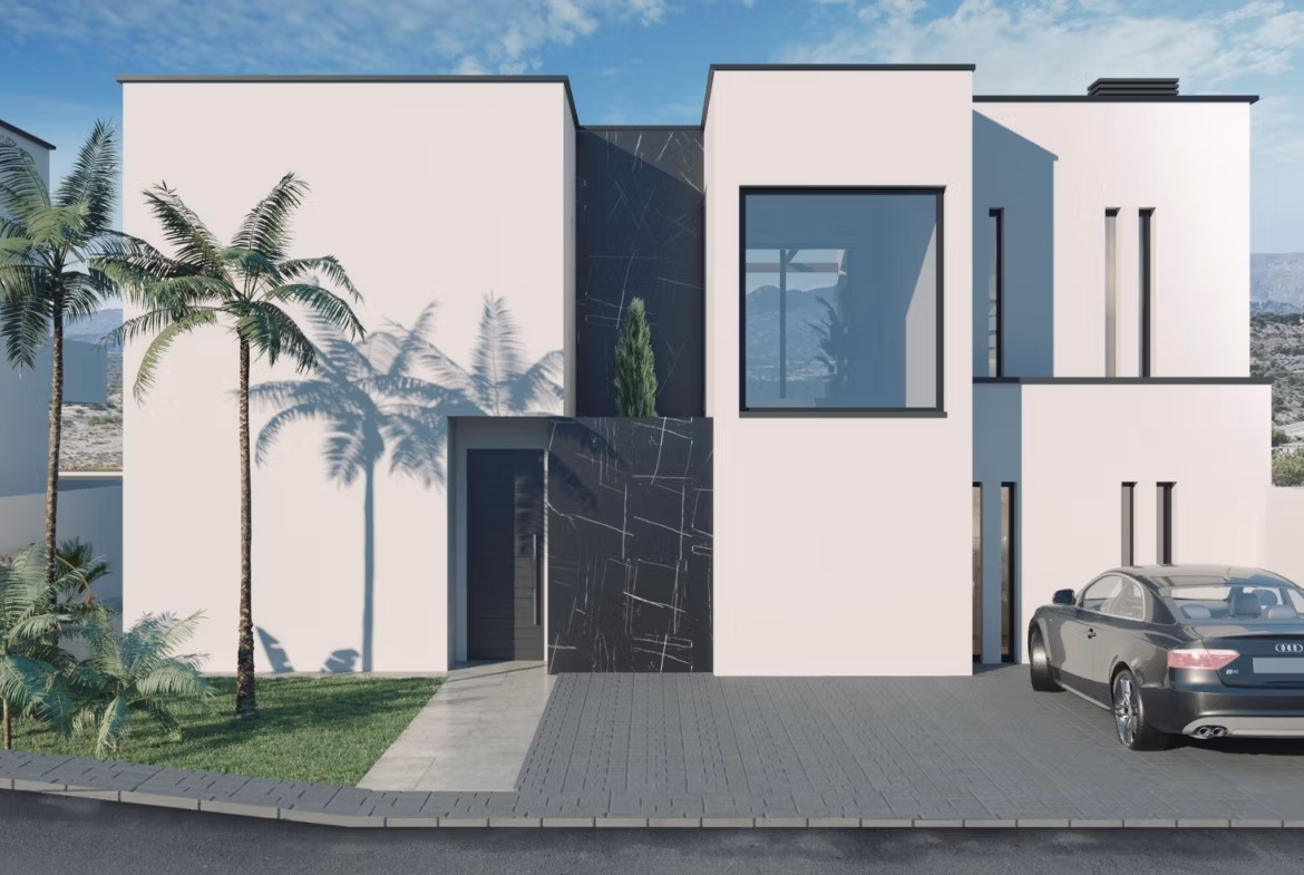 Modern white 3-bedroom villa exterior in Finestrat with sleek black accents, spacious driveway, and minimalist landscaping.