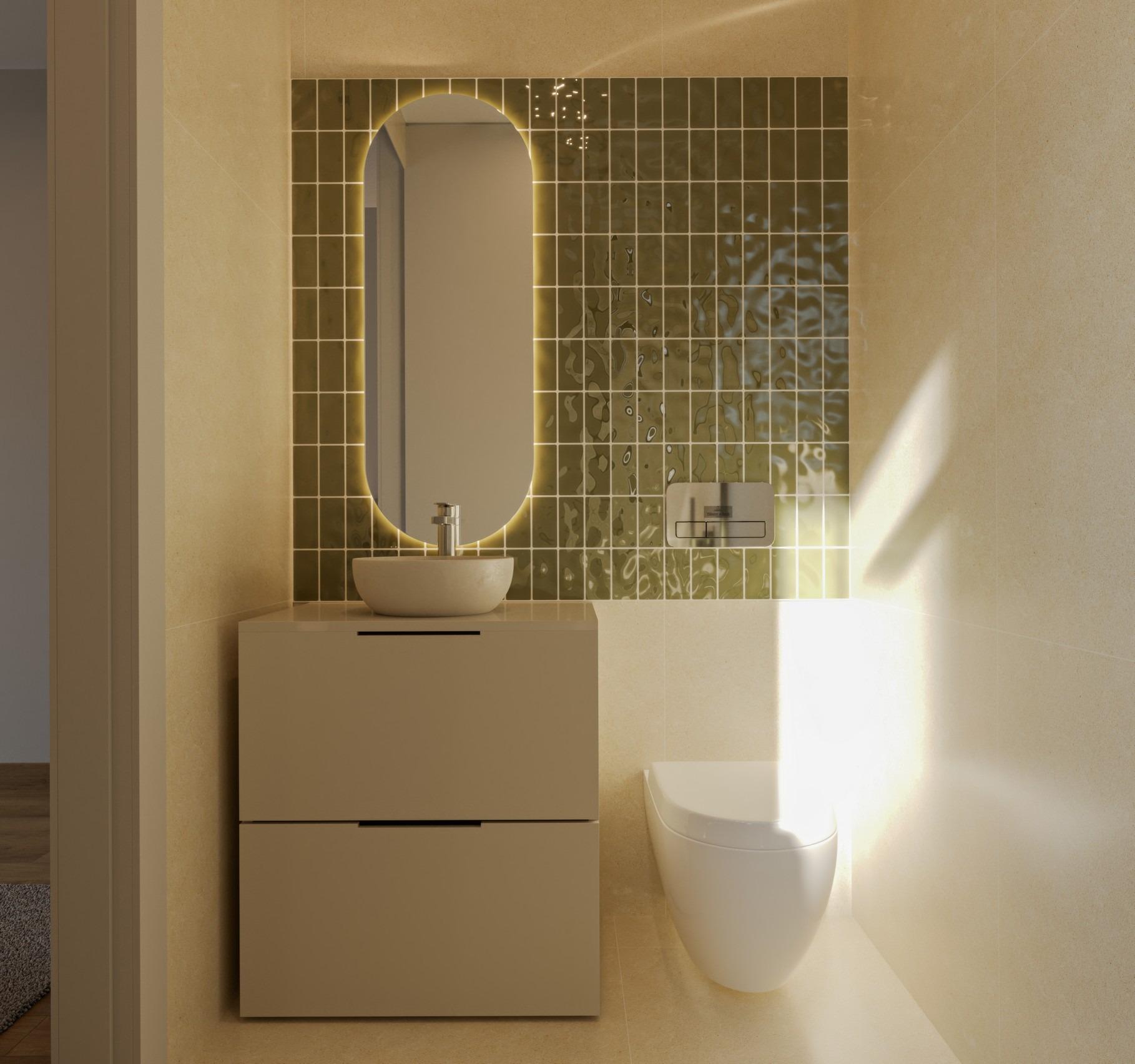Bright modern bathroom with elegant illuminated oval mirror and sleek fixtures in exclusive Sierra Cortina villa.