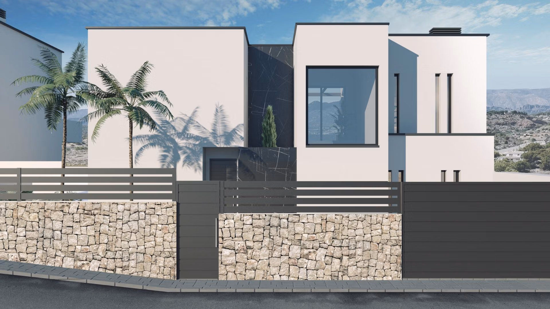 Modern three-bedroom villa in Finestrat with sleek exterior, stone wall, and distant panoramic sea views under a clear sky.