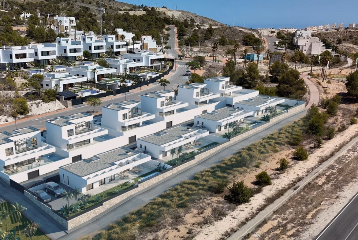 Modern new build 3 bedroom villas in Finestrat featuring sleek private pools, spacious terraces, and panoramic sea views.