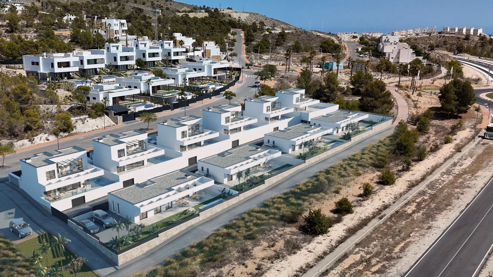 Modern new build 3 bedroom villas in Finestrat featuring sleek private pools, spacious terraces, and panoramic sea views.
