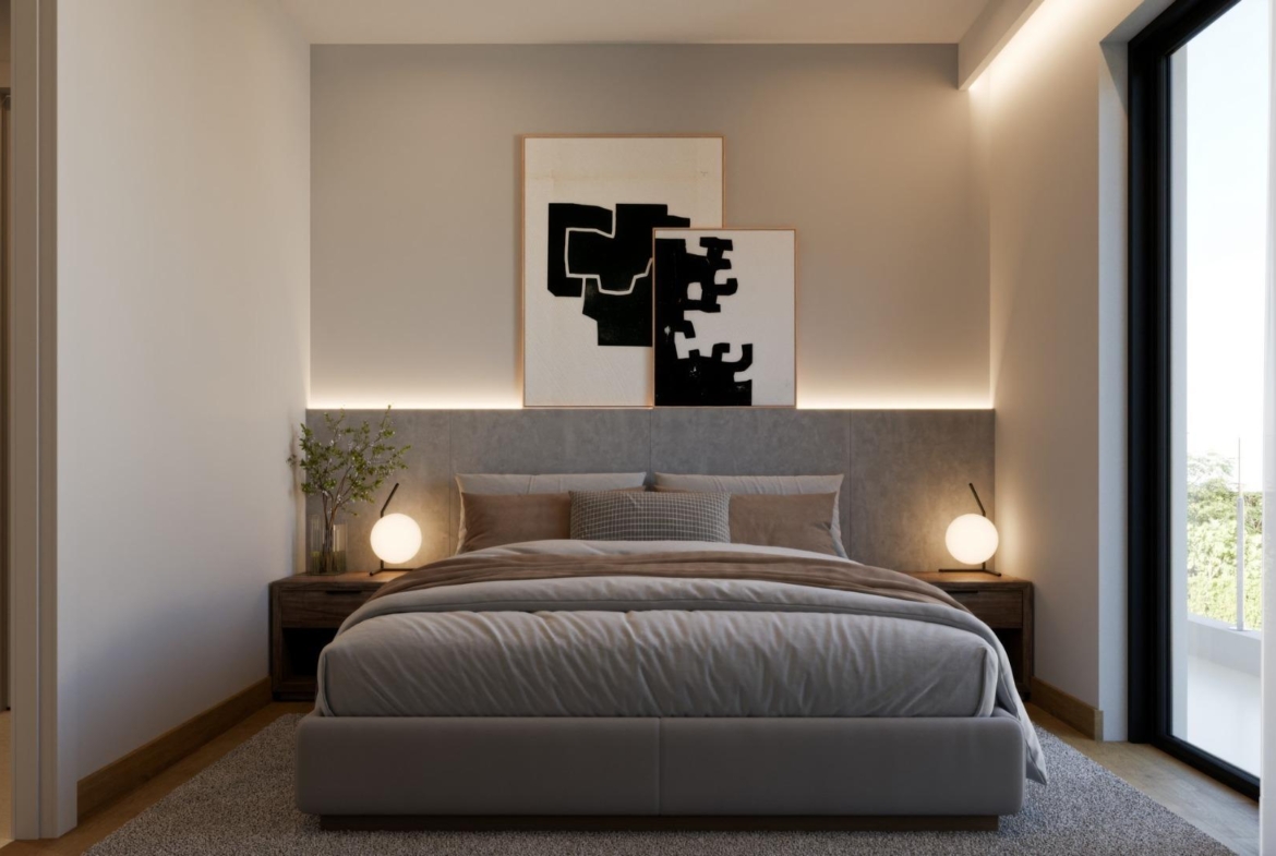 Elegant, serene bedroom in luxury 3-bedroom villa with soft lighting and sea views in exclusive Sierra Cortina, Finestrat.