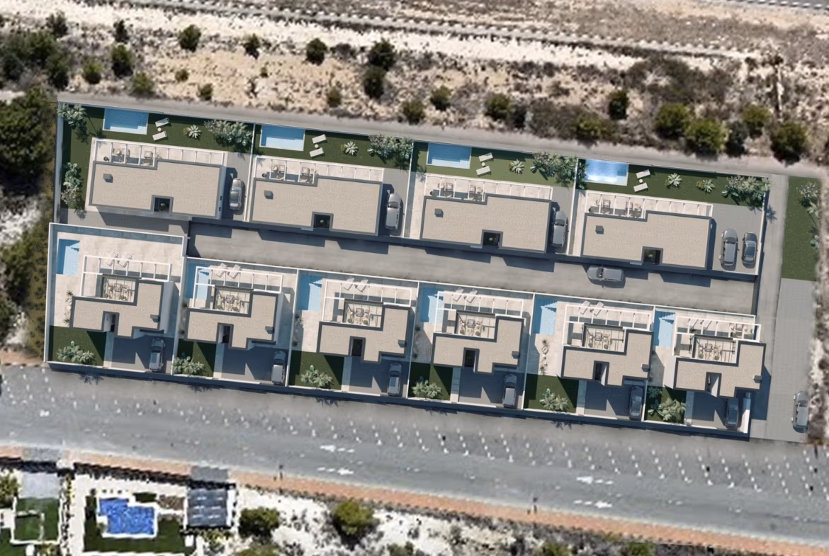 Aerial view of modern new build 3 bedroom villas in Finestrat with private pools, spacious terraces, and sunlit outdoor spaces.