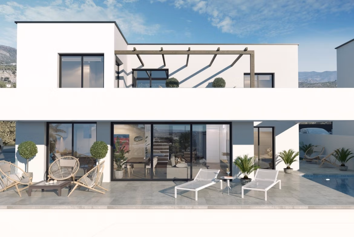 Modern nybyggd villa med 3 sovrum i Finestrat med privat pool, solig terrass och panoramautsikt över berg och hav.