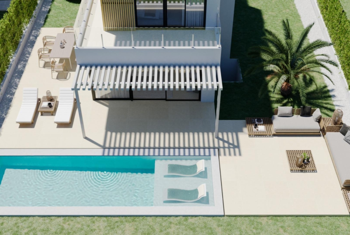 Modern New Build 3 Bedroom Villa in Sierra Cortina with sun-drenched private pool, elegant terrace, and lush landscaped garden.