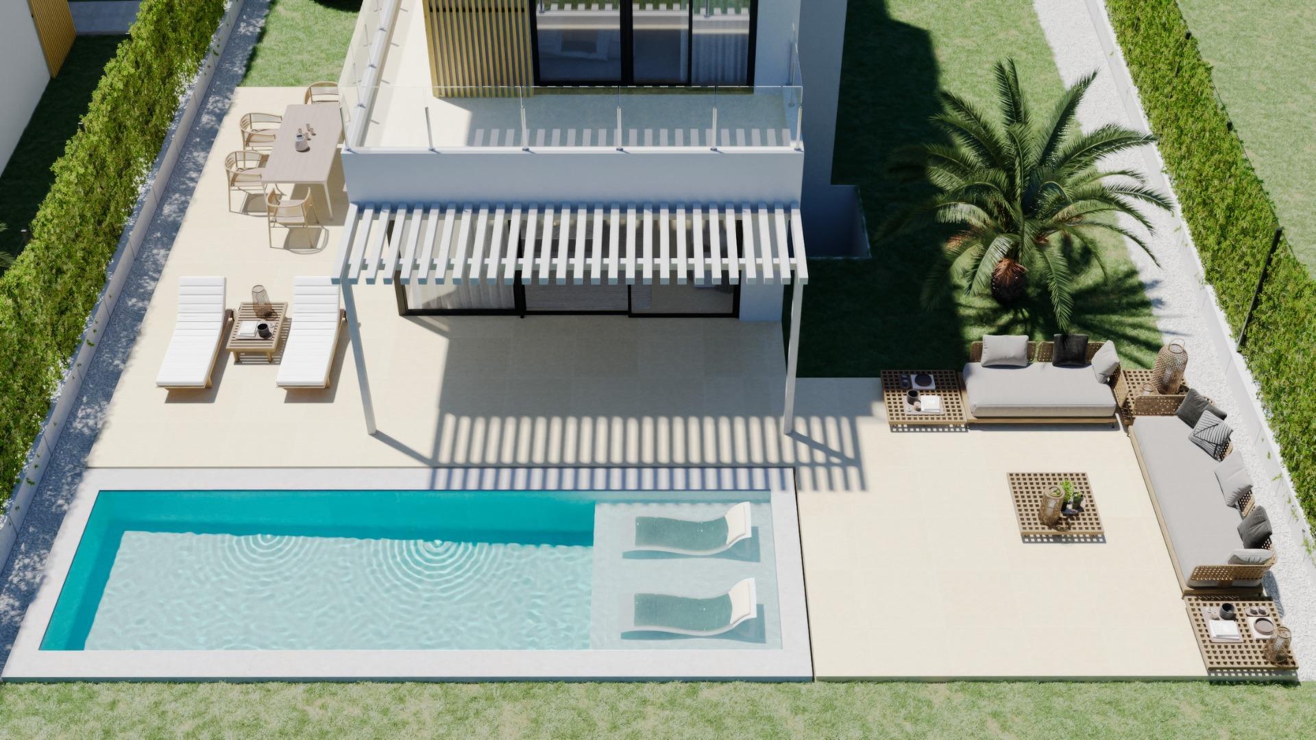 Modern New Build 3 Bedroom Villa in Sierra Cortina with sun-drenched private pool, elegant terrace, and lush landscaped garden.