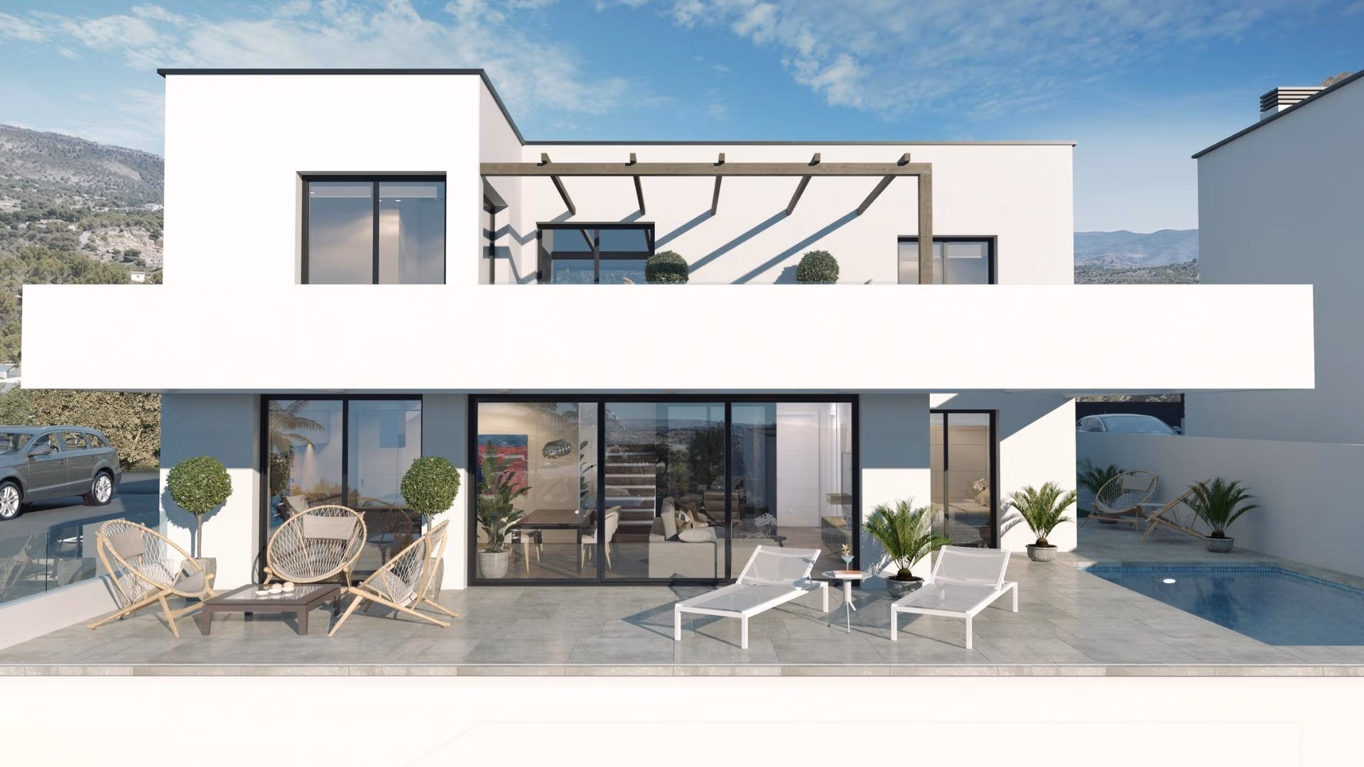 Modern nybyggd villa med 3 sovrum i Finestrat med privat pool, solig terrass och panoramautsikt över berg och hav.