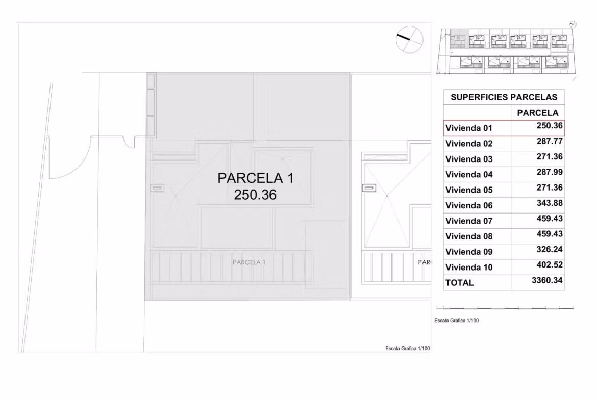Modern parcel layout plan highlighting spacious plot for new build 3 bedroom villa with sea views in Finestrat