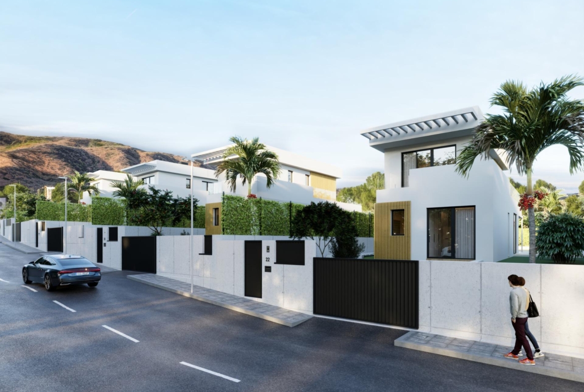 Modern exclusive 3-bedroom villa exterior with sleek design, private gated entrance, and landscaped surroundings in Sierra Cortina, Finestrat.