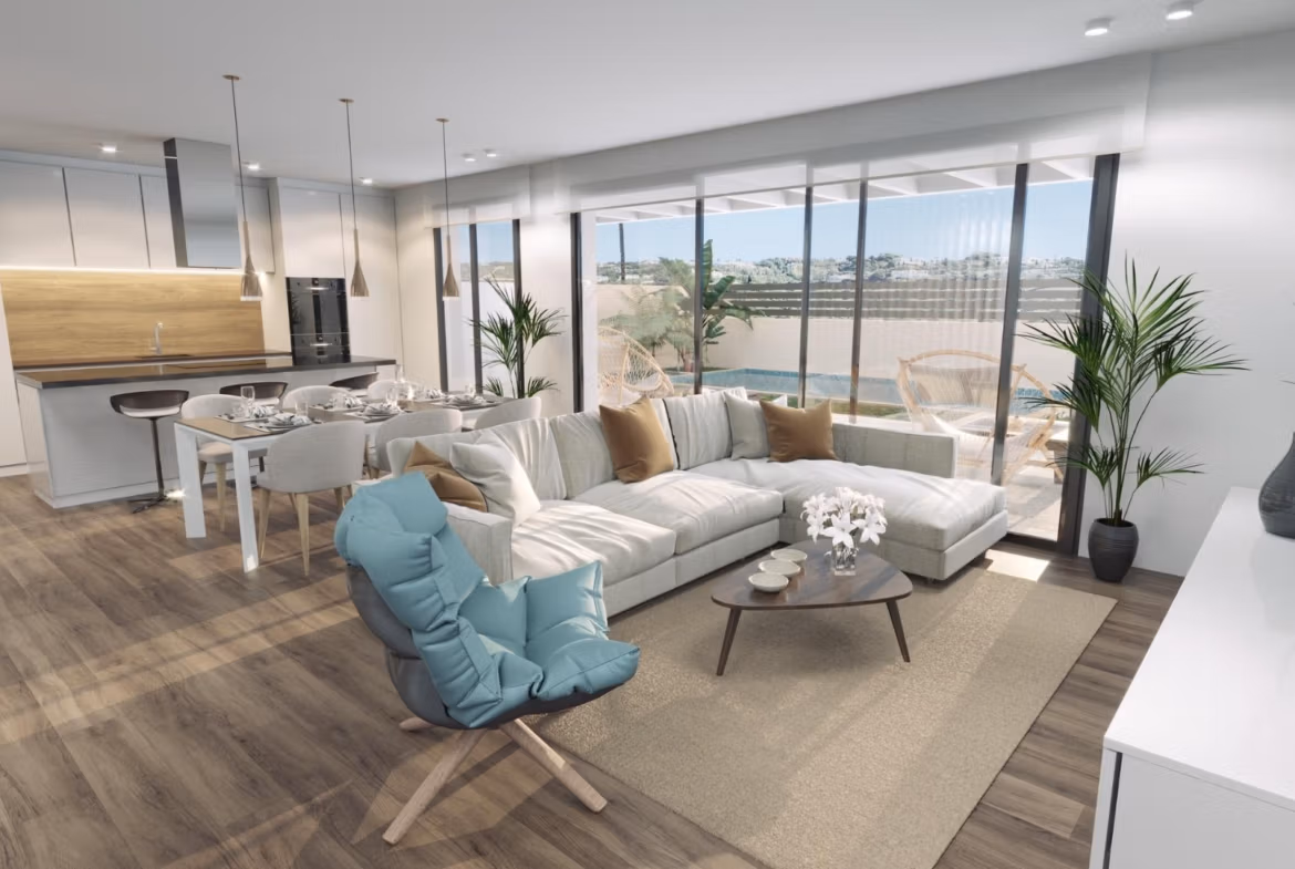 Bright, modern open-plan living and dining area with sleek kitchen in a new 3-bedroom villa with pool in Finestrat.