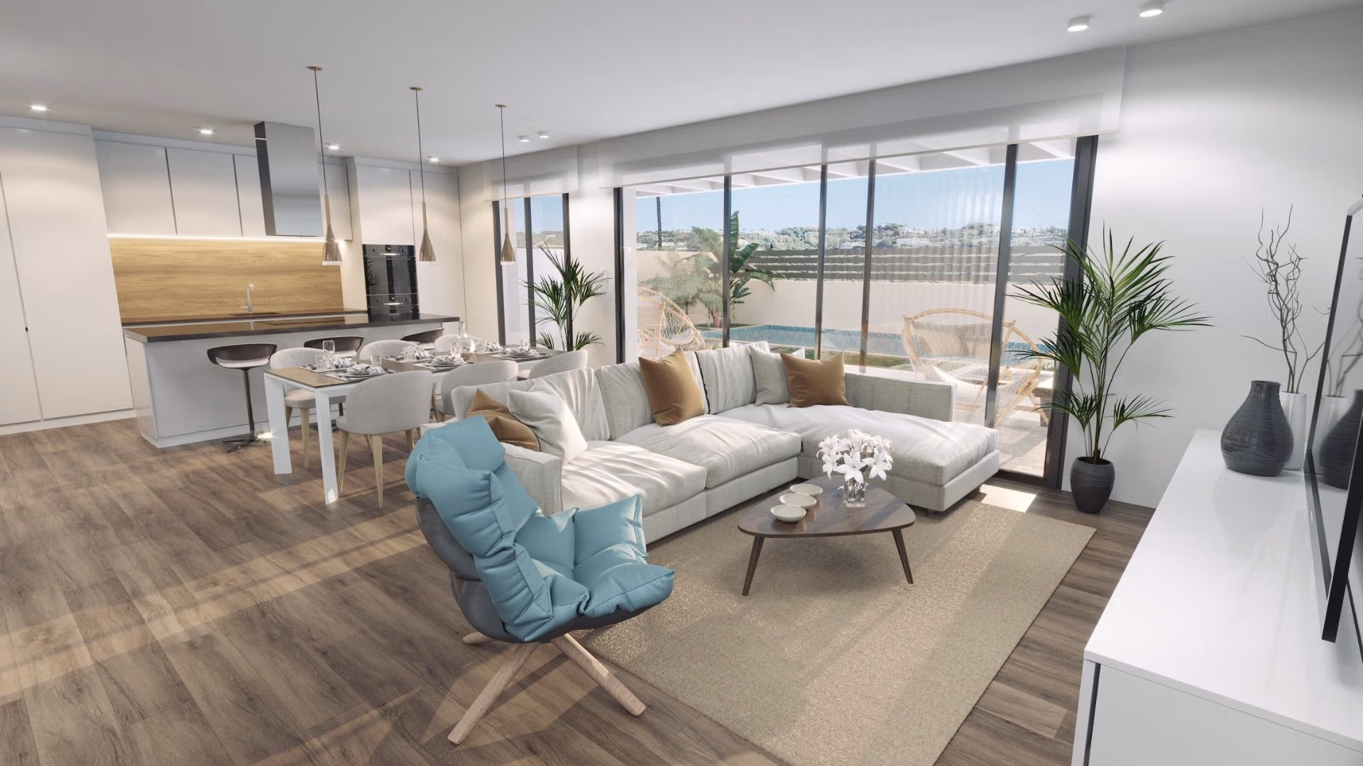 Bright, modern open-plan living and dining area with sleek kitchen in a new 3-bedroom villa with pool in Finestrat.