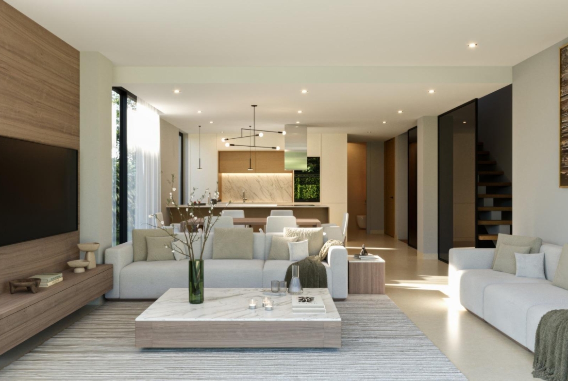 Bright and elegant open-plan living room in a new 3-bedroom villa with sea views in Sierra Cortina, Finestrat.
