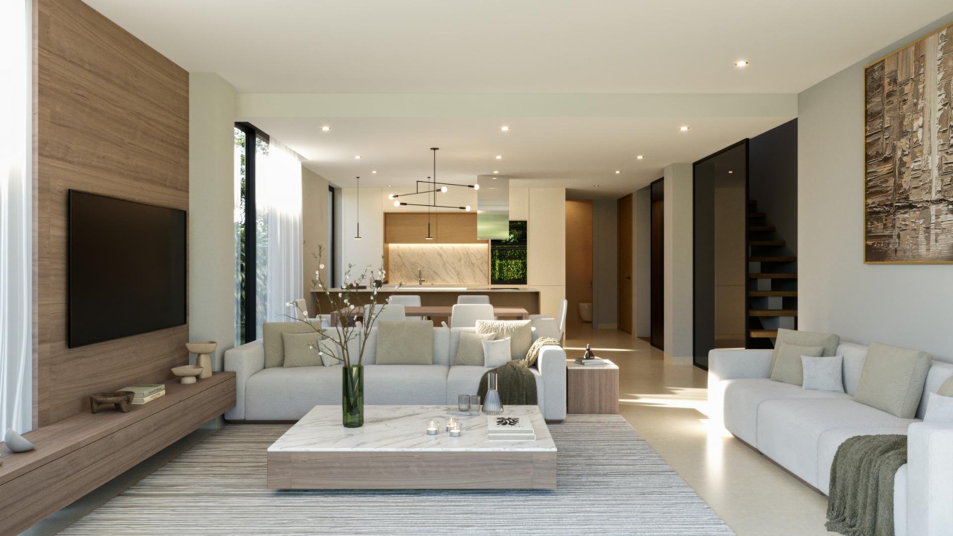 Bright and elegant open-plan living room in a new 3-bedroom villa with sea views in Sierra Cortina, Finestrat.